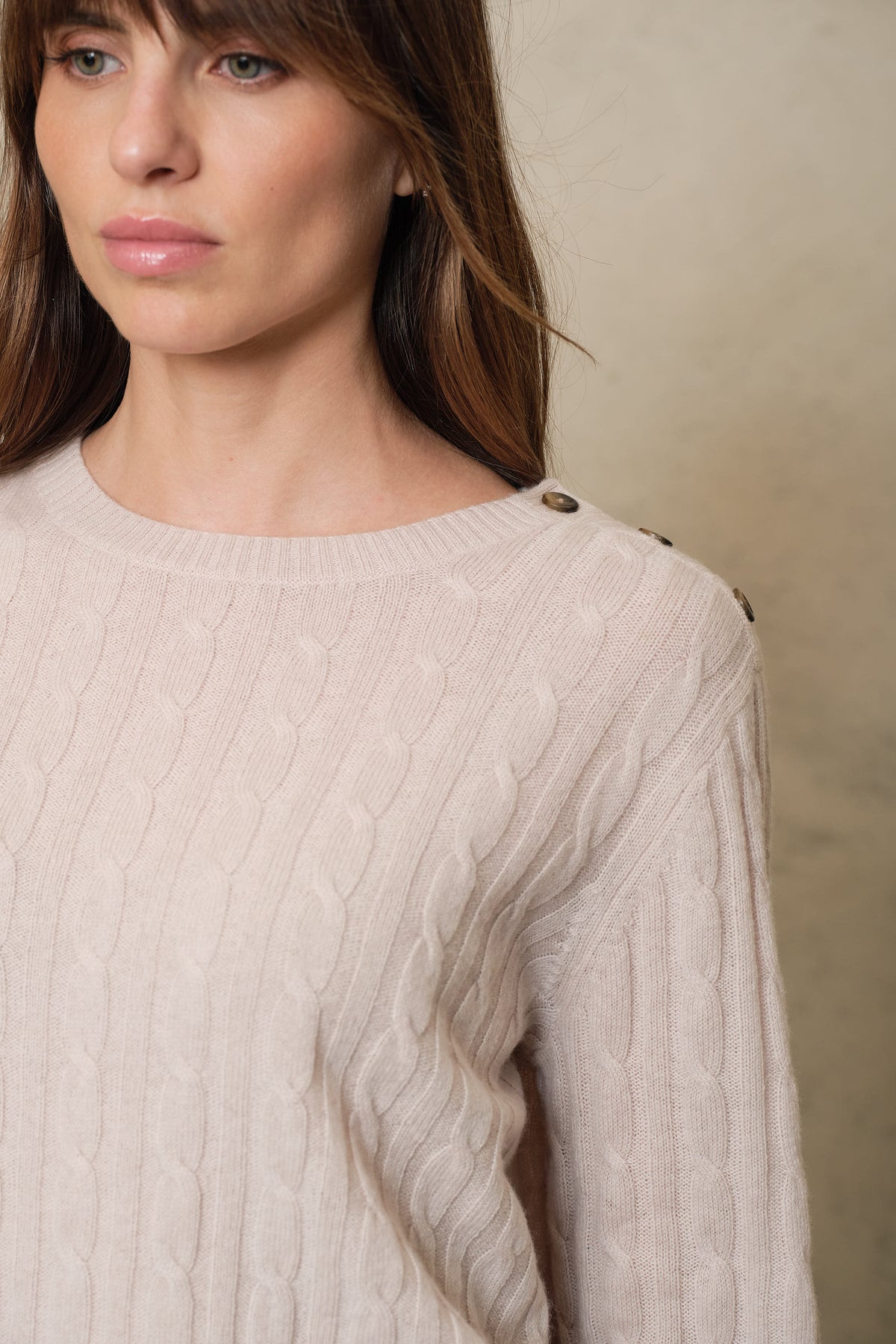 Cream cable knit cashmere blend jumper with a neat fit