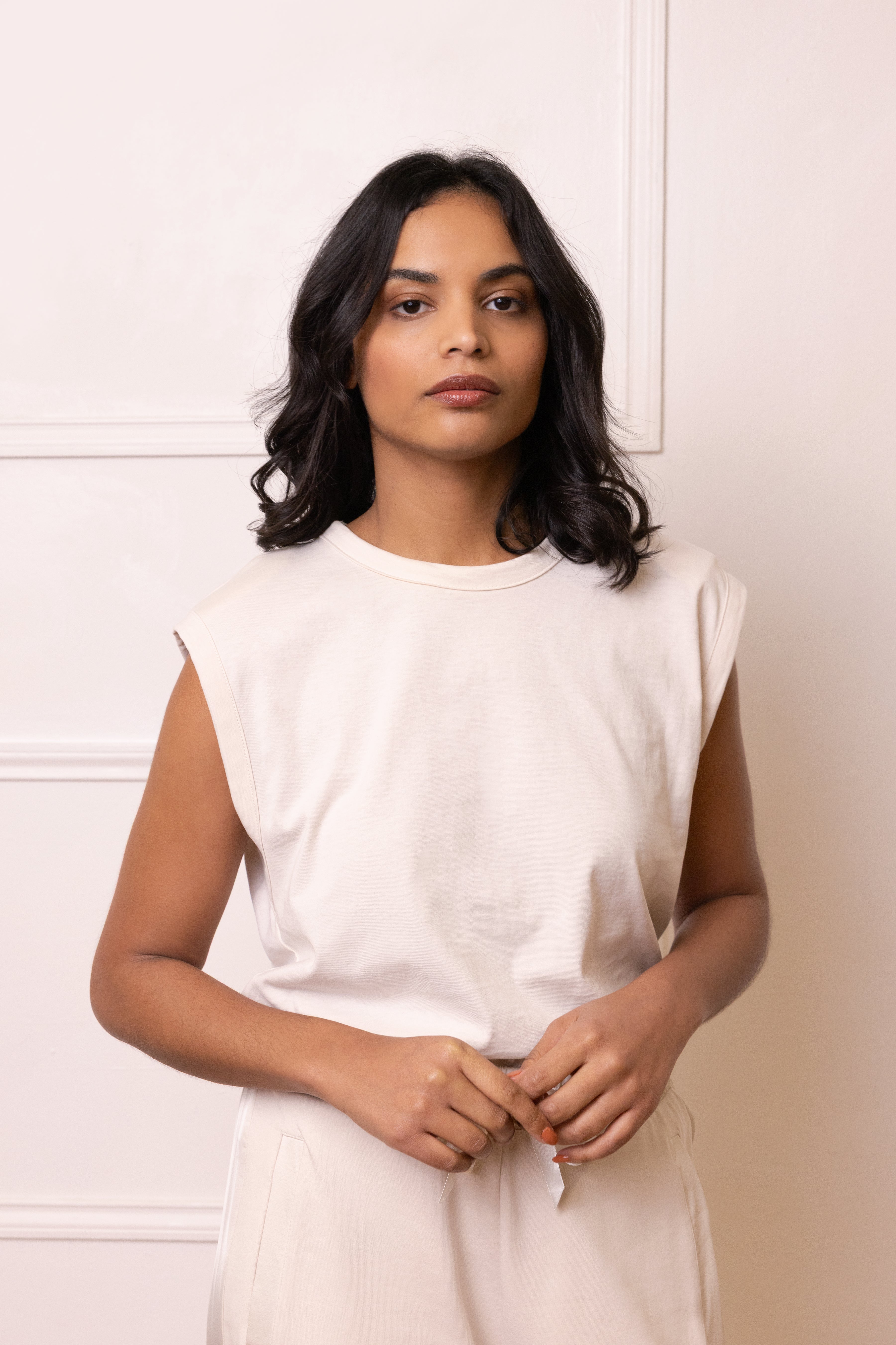 Skylar Shoulder Pad T-Shirt - Vanilla - Eleven Loves