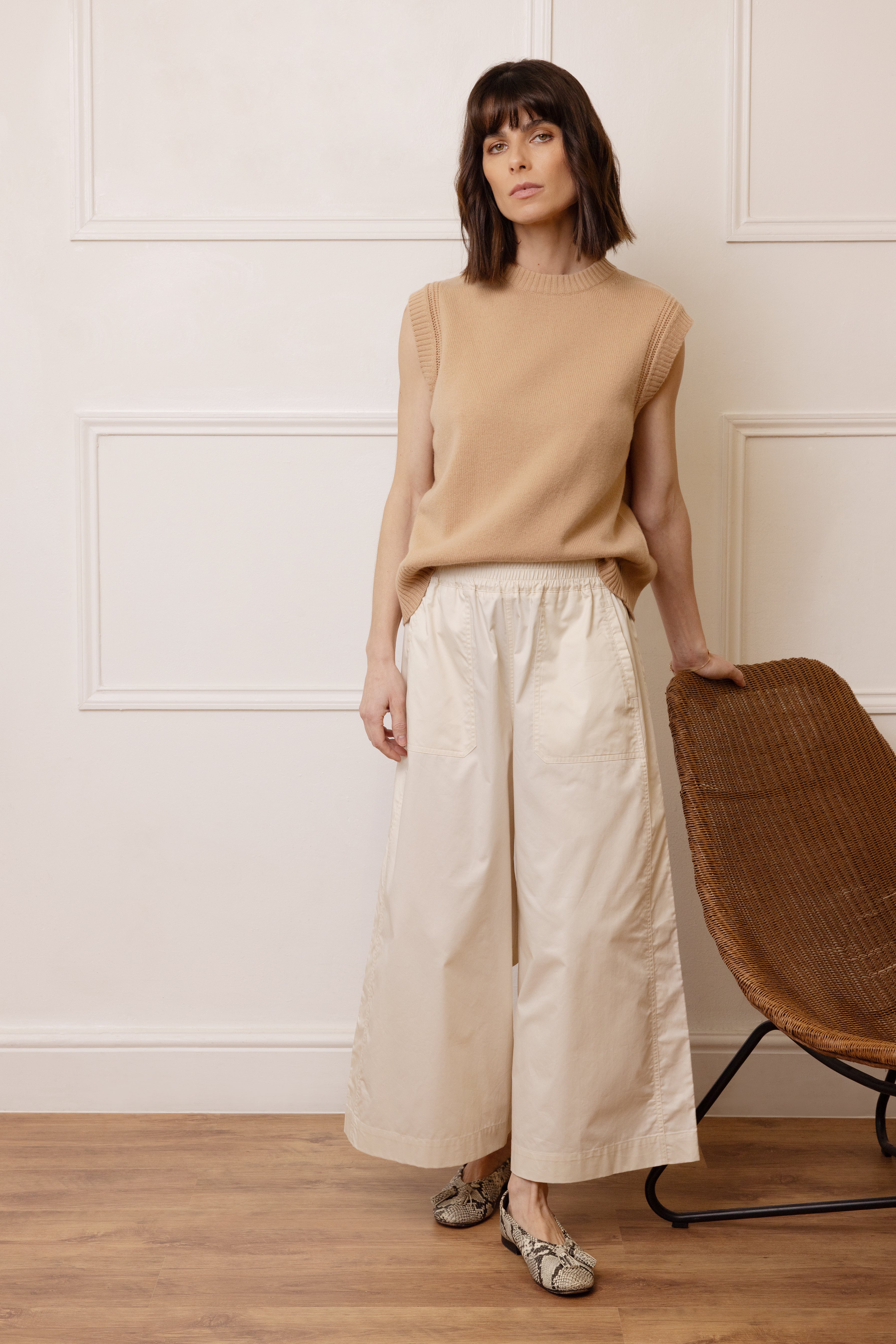 Cassie Wide Leg Cropped Trousers - Ecru - Eleven Loves