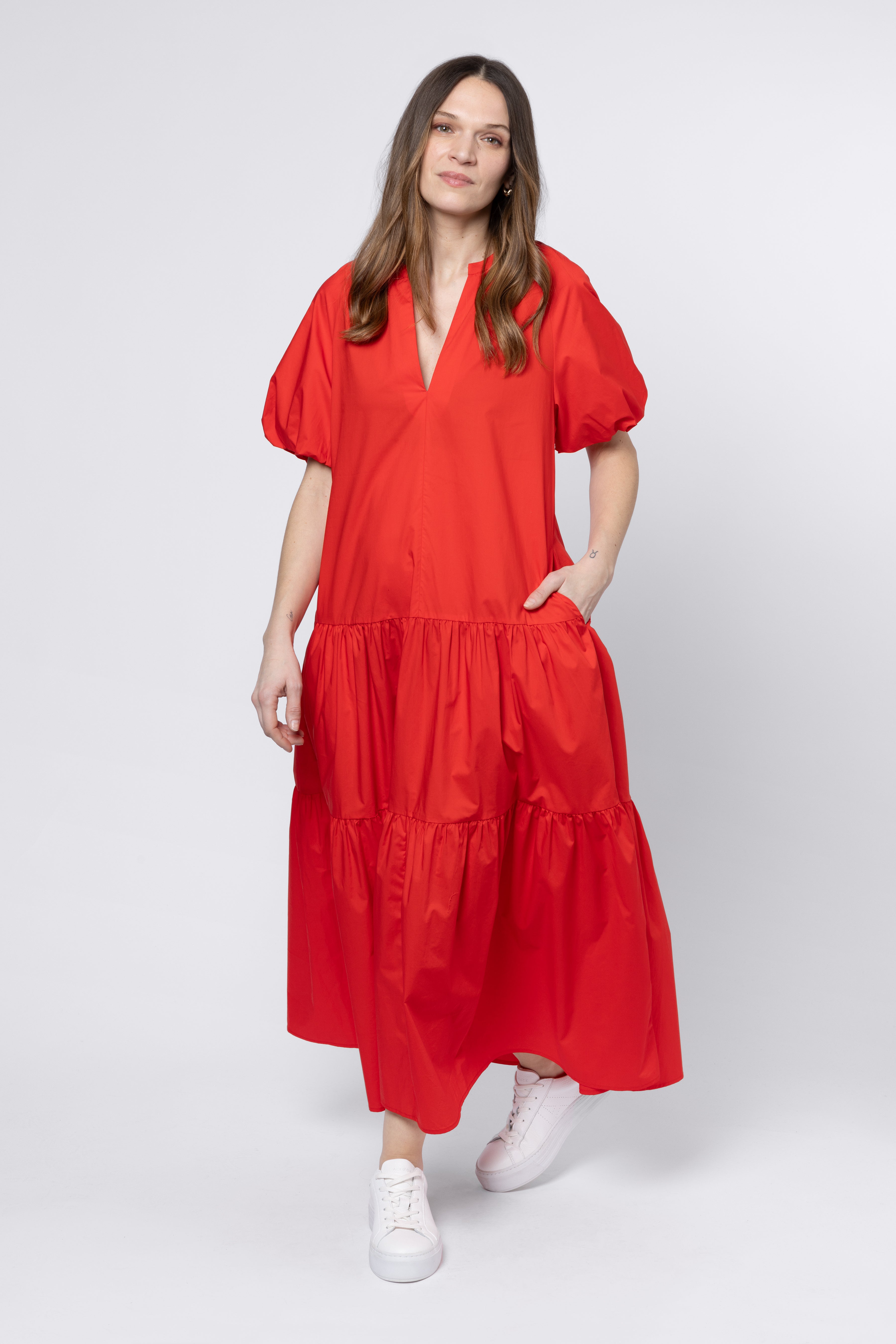 model wearing Dulce Tiered Dress Red Eleven Loves