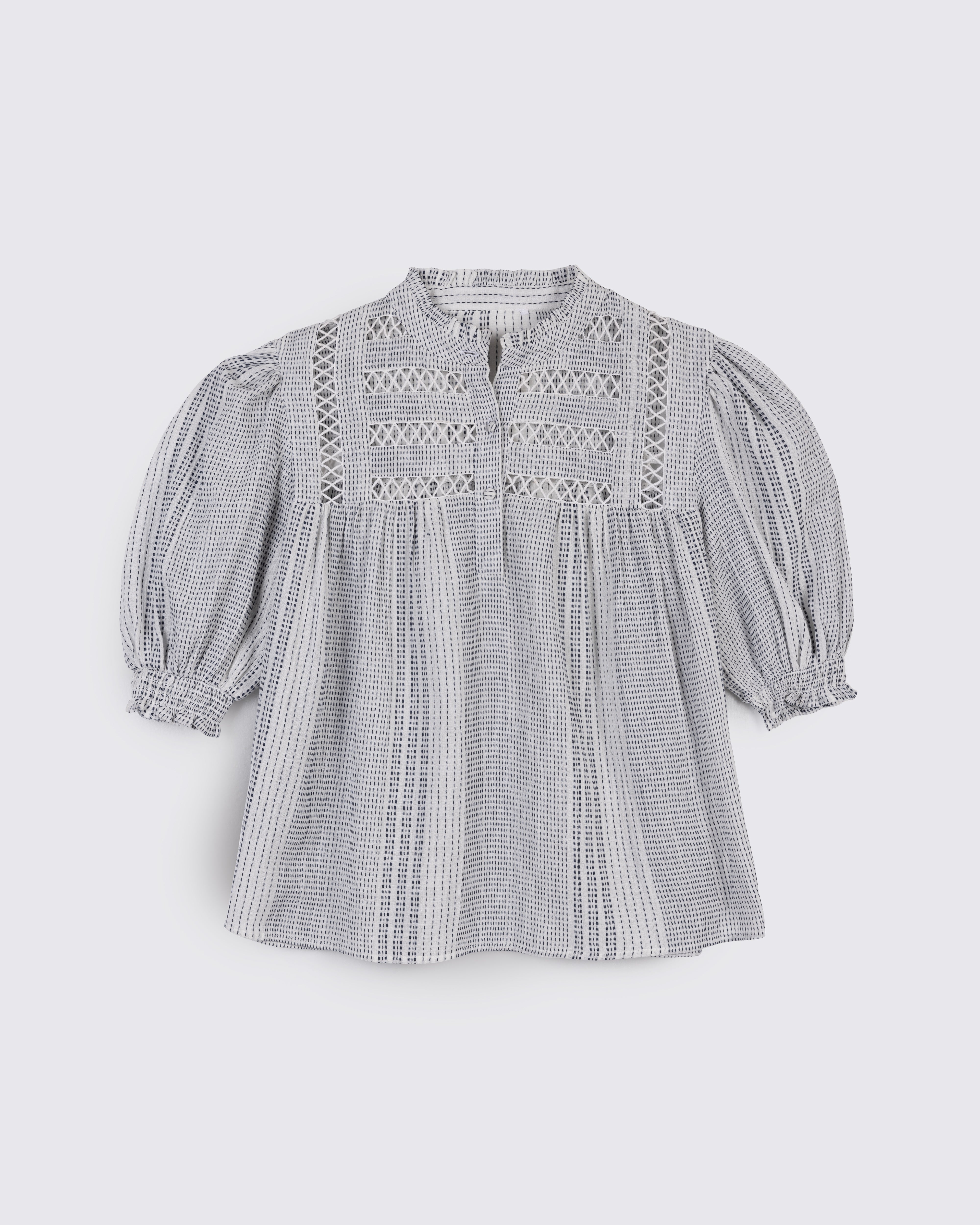 ellen stripe blouse cross hatch detail style blouse blue and white blouse puff sleeve eleven loves 11loves ellen loves sustainable