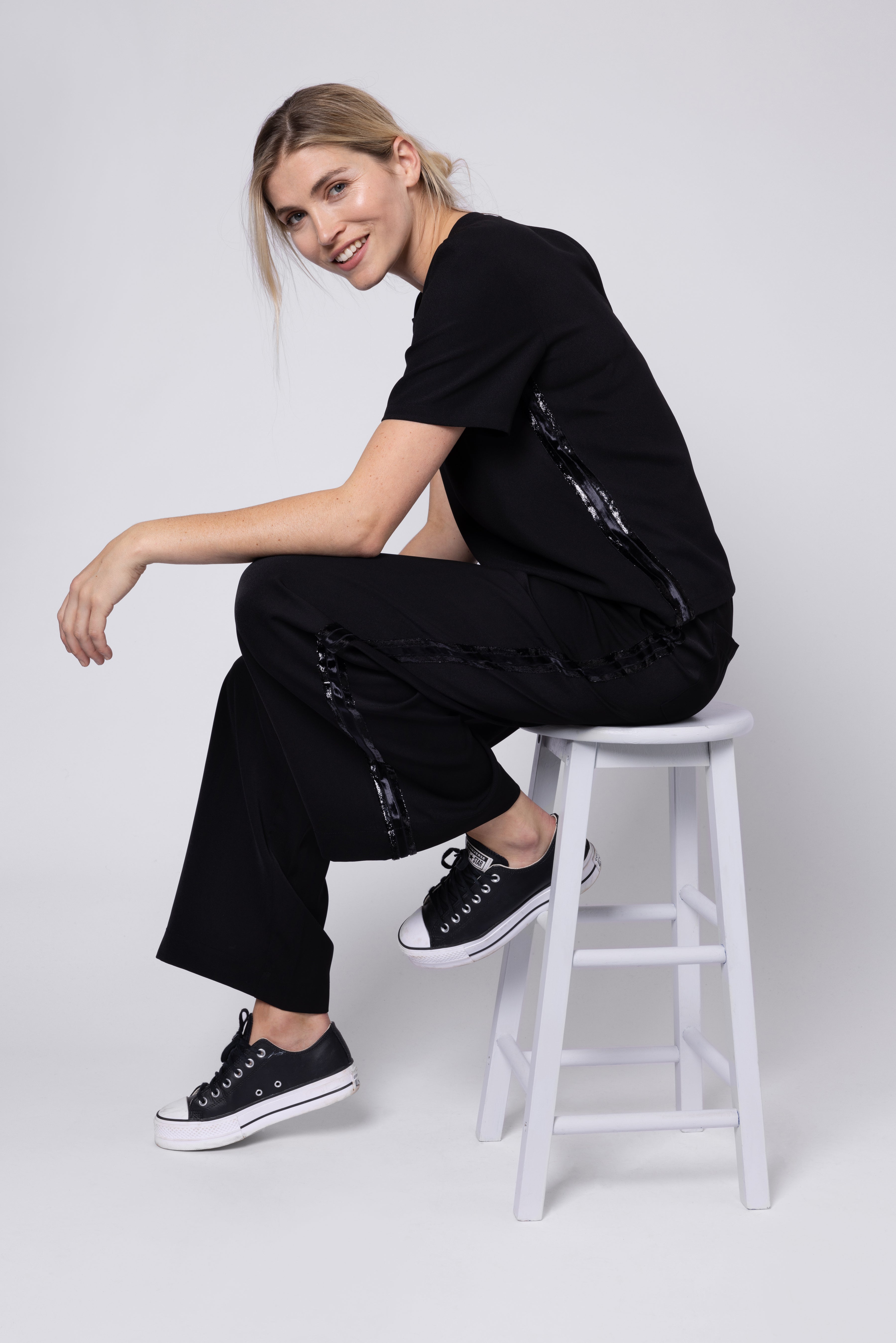 Winnie Lurex Side Stripe T-Shirt - Black