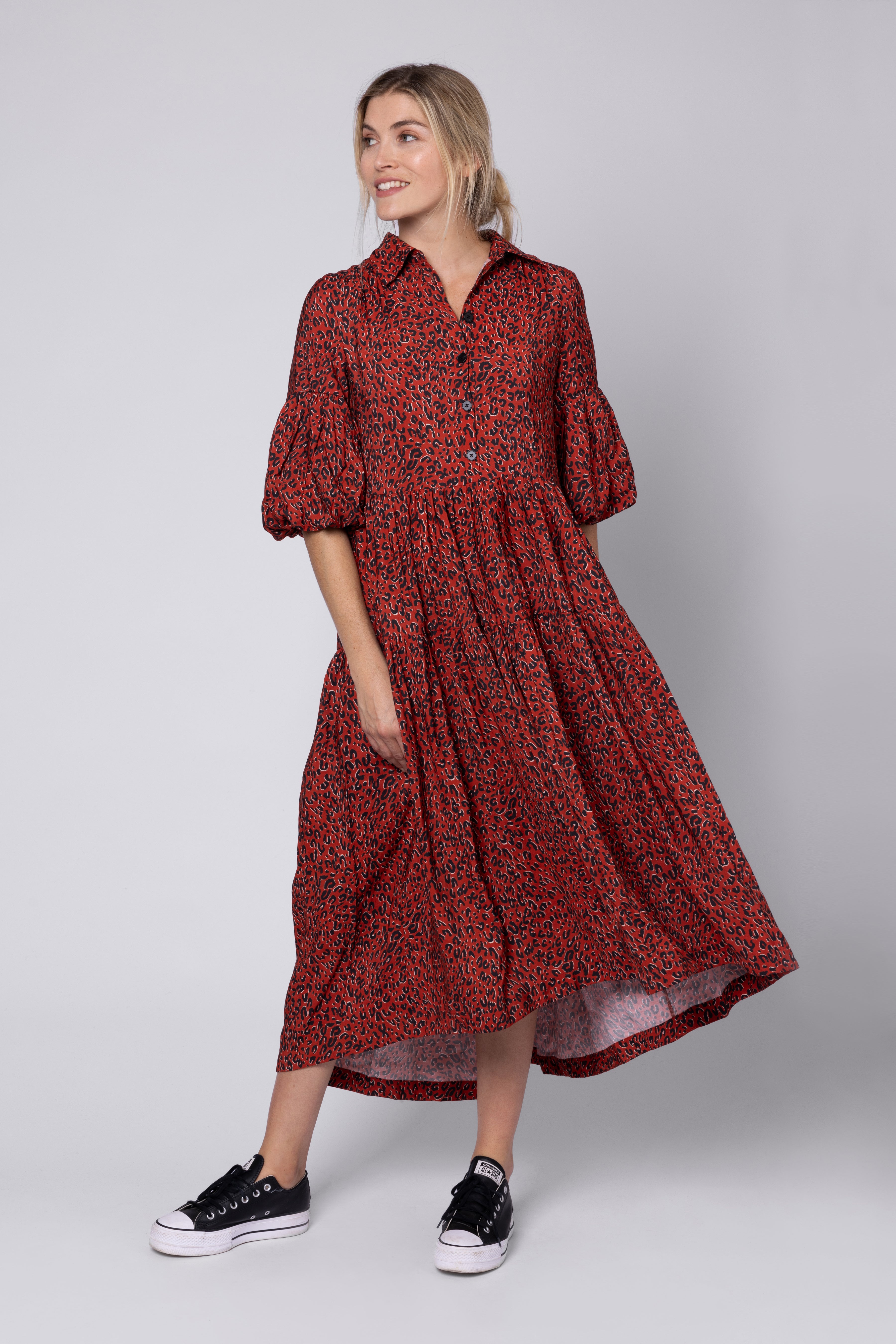 Elise Balloon Sleeve Dress - Red Leopard