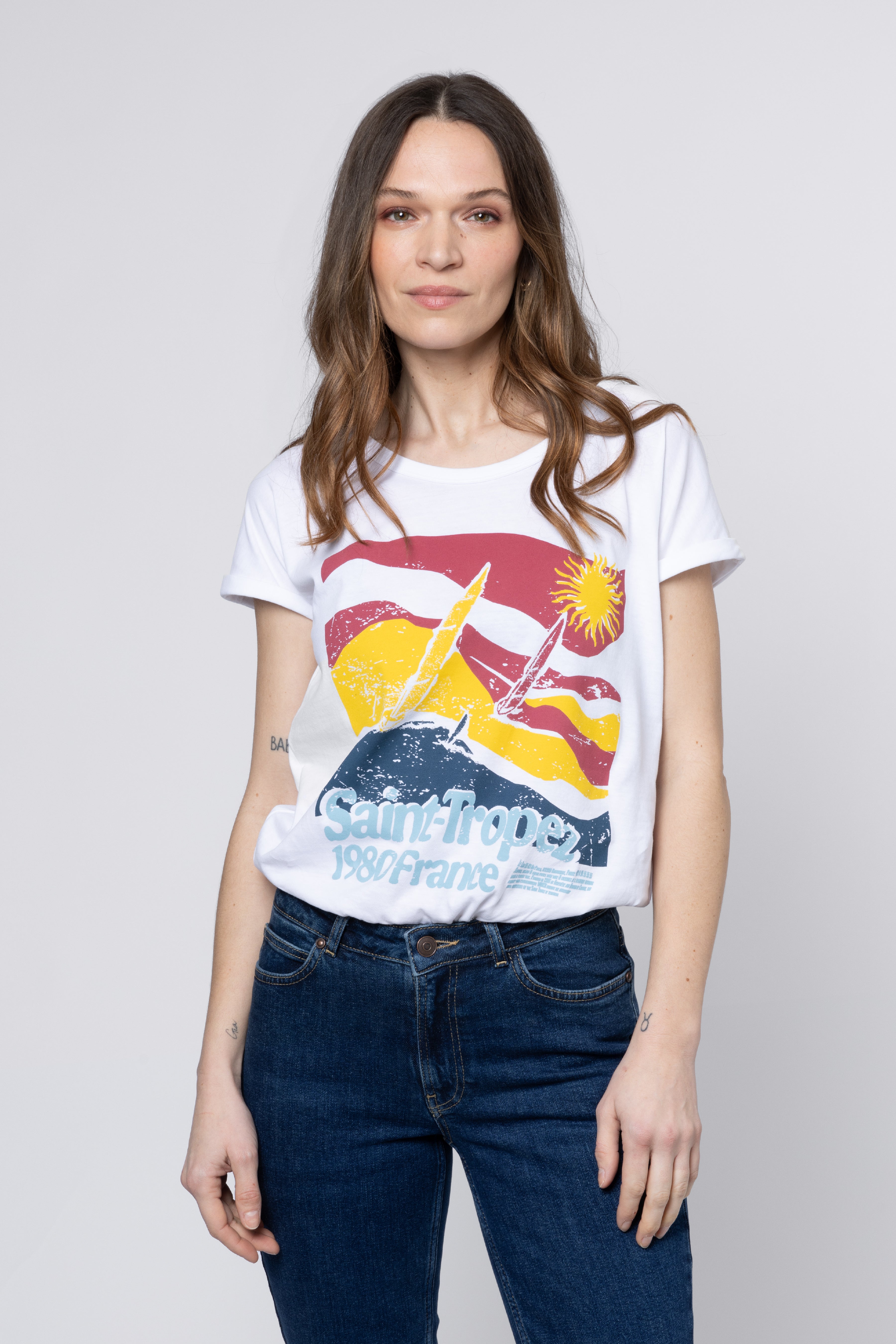 St Tropez Roll Sleeve T Shirt - White