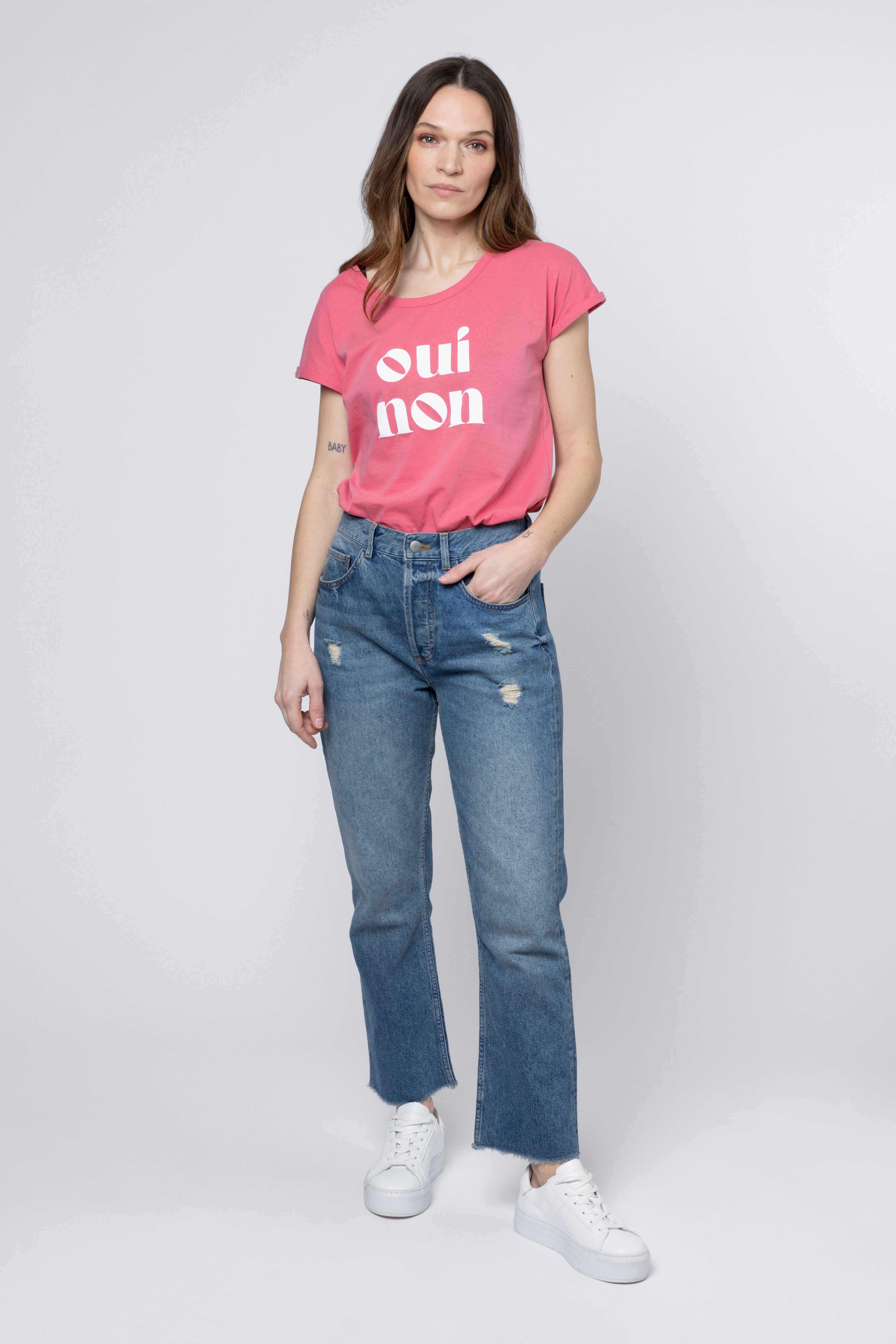 Oui Non Roll Sleeve T-Shirt - Pink