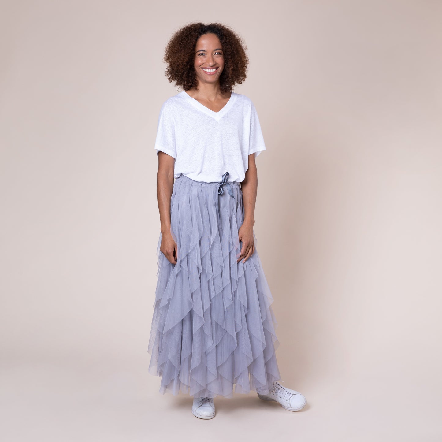 Eleven loves elevenloves 11 loves ellenloves sustainable iris multi-ribbon tulle maxi skirt dove grey