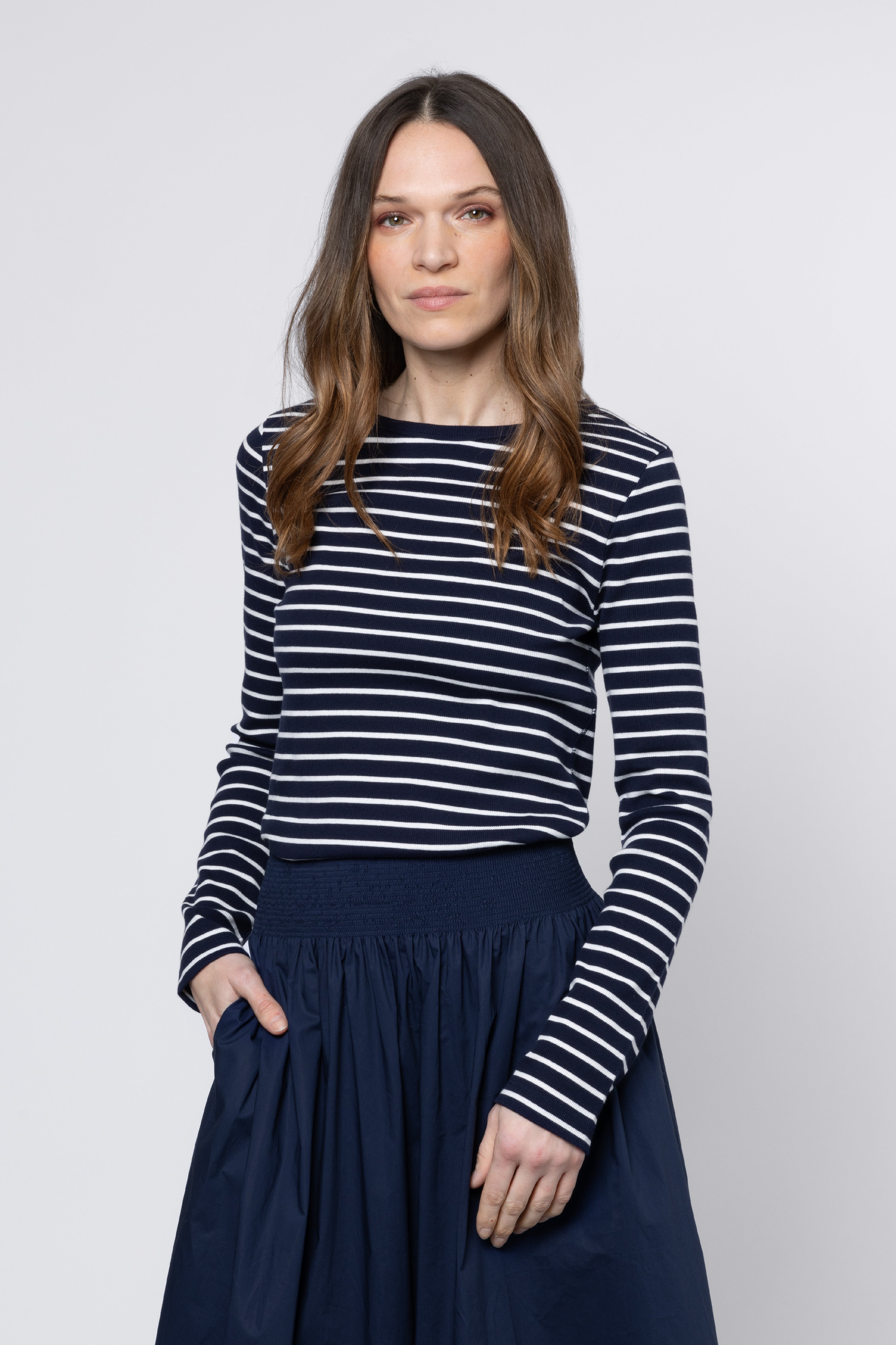 Leni Long Sleeve Striped Top - navy/ivory