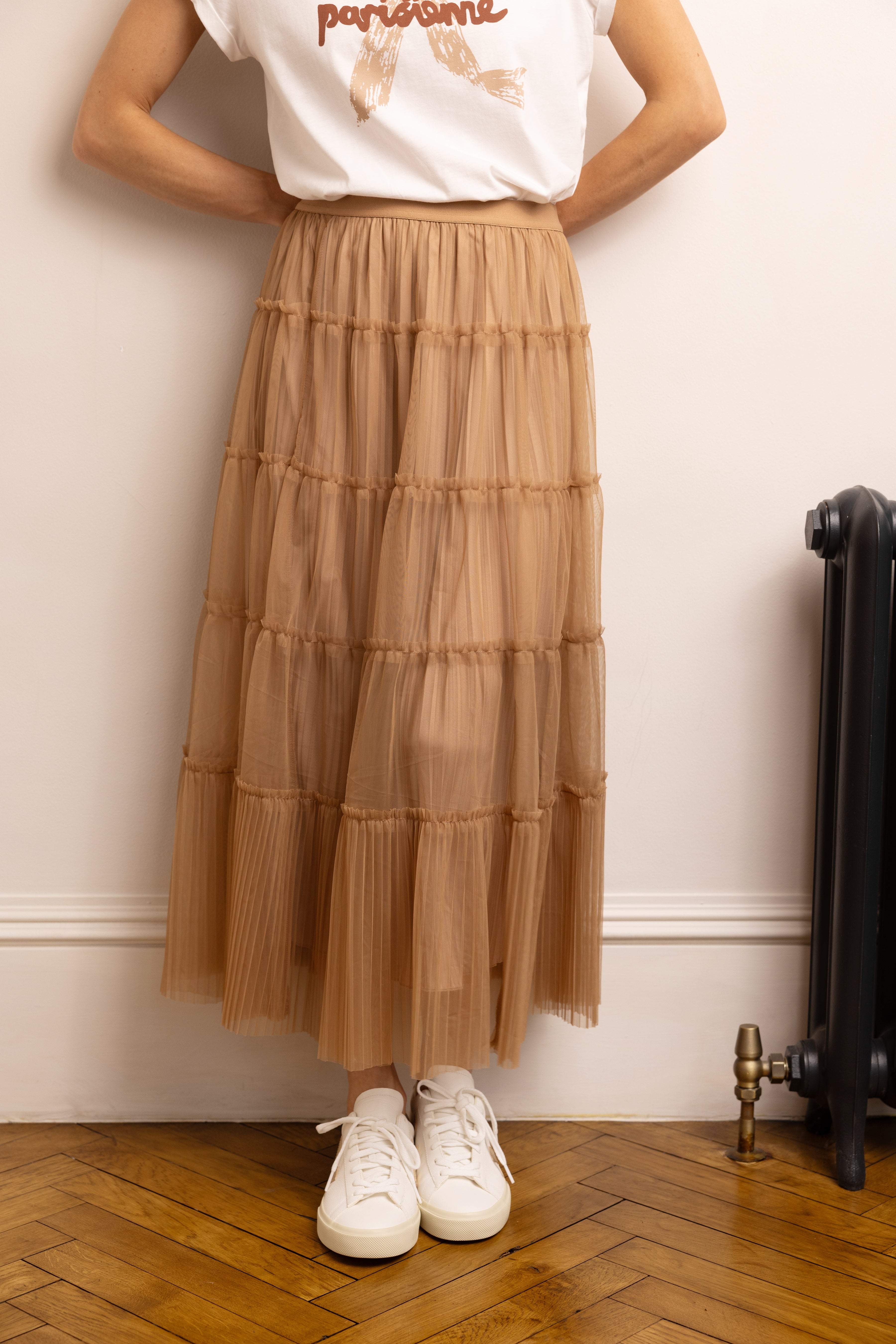 Pearl Pleated Tulle Skirt - Caramel