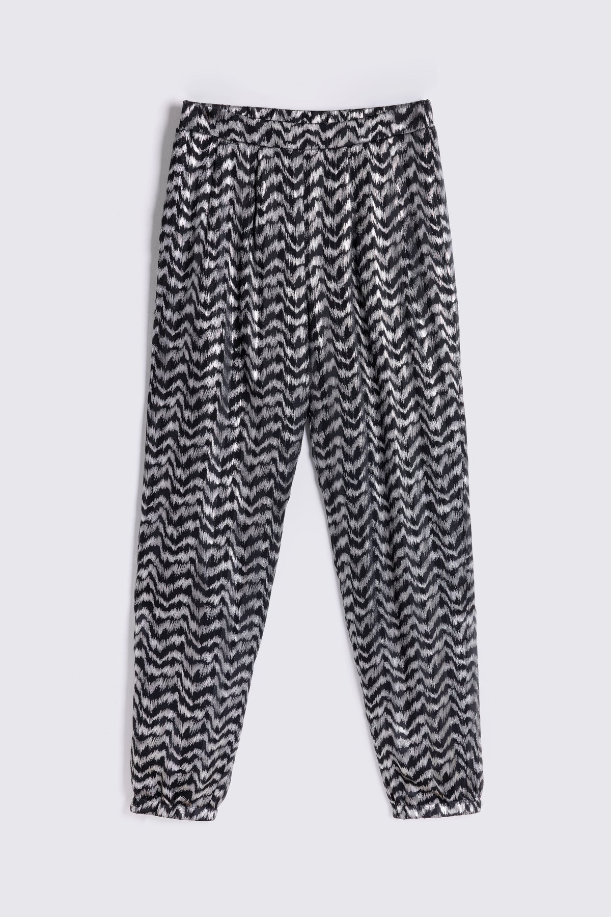 Florence silver print trousers in a black and silver metallic chevron on a plain background