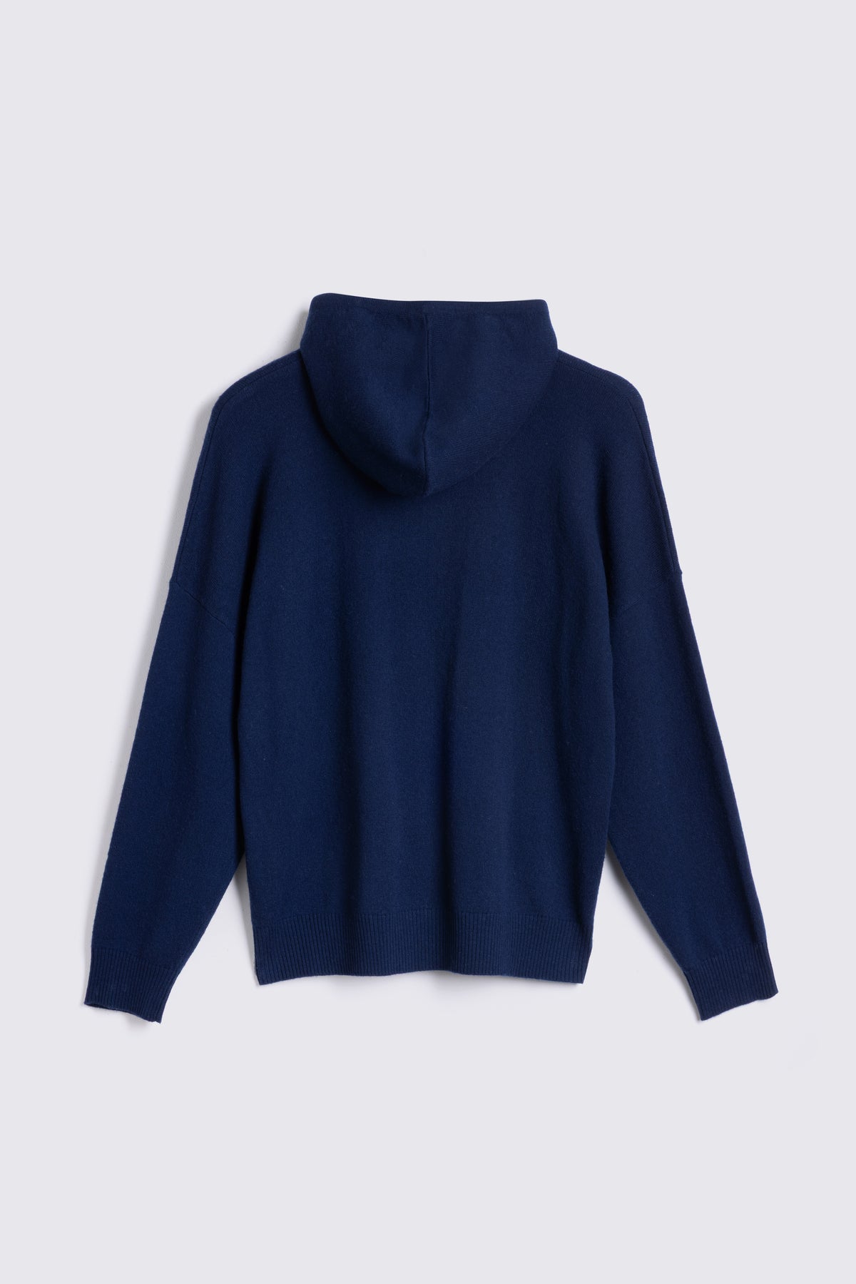 Navy knitted hoodie in a wool and cashmere blend, ribbed cuff detail