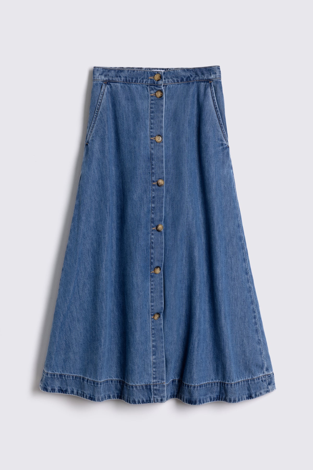 Imogen mid wash denim skirt with a button through front and A line shape, on a plain background