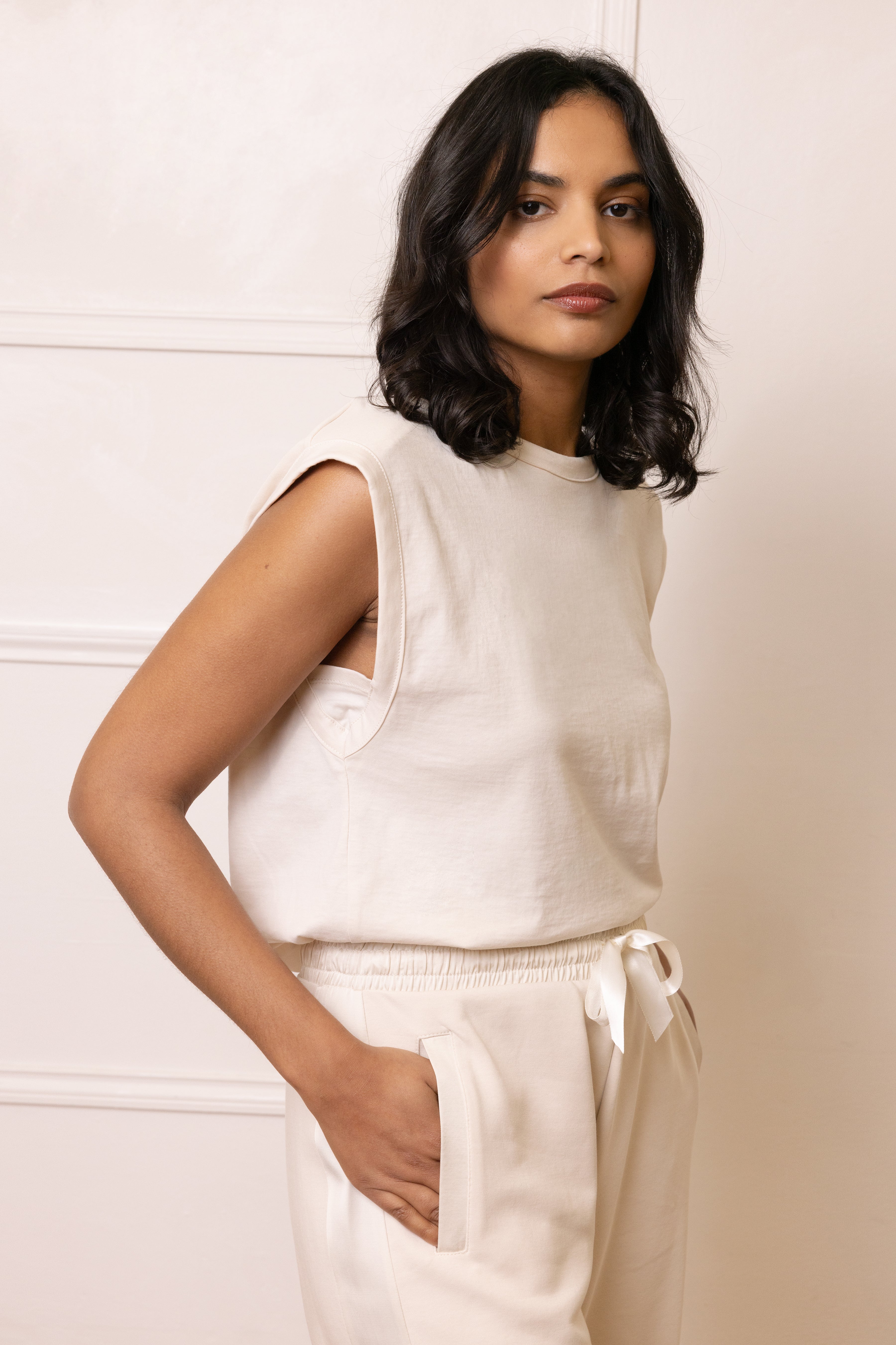 Skylar Shoulder Pad T-Shirt - Vanilla - Eleven Loves