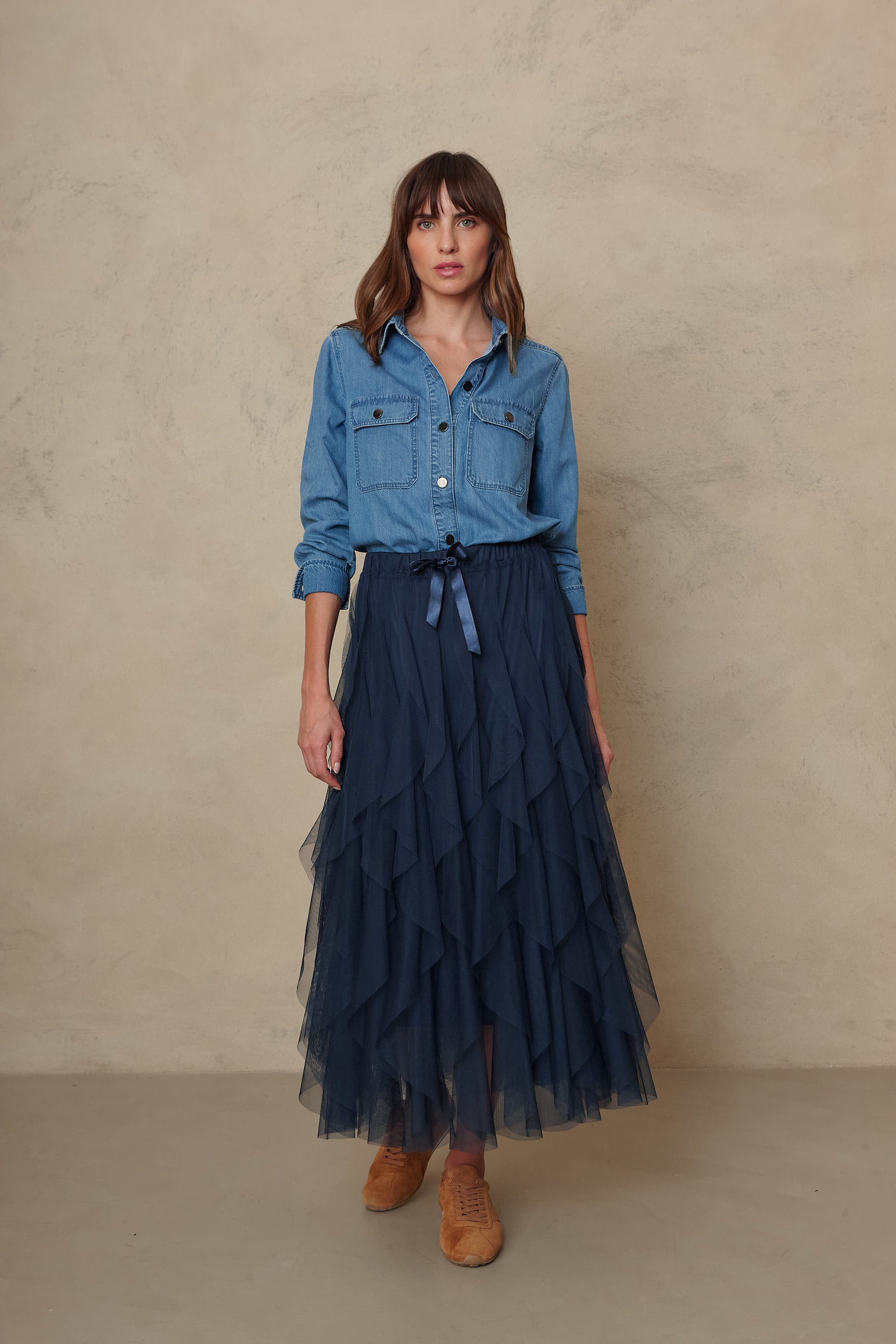 Joni mid wash denim shirt styled with the Iris navy tulle skirt and tan boots