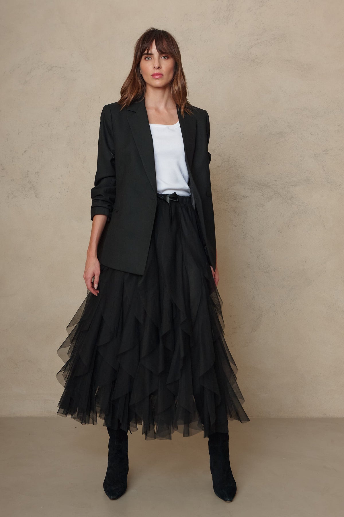 Josephine wool blend blazer with the Iris black tulle maxi skirt, Eleven Loves