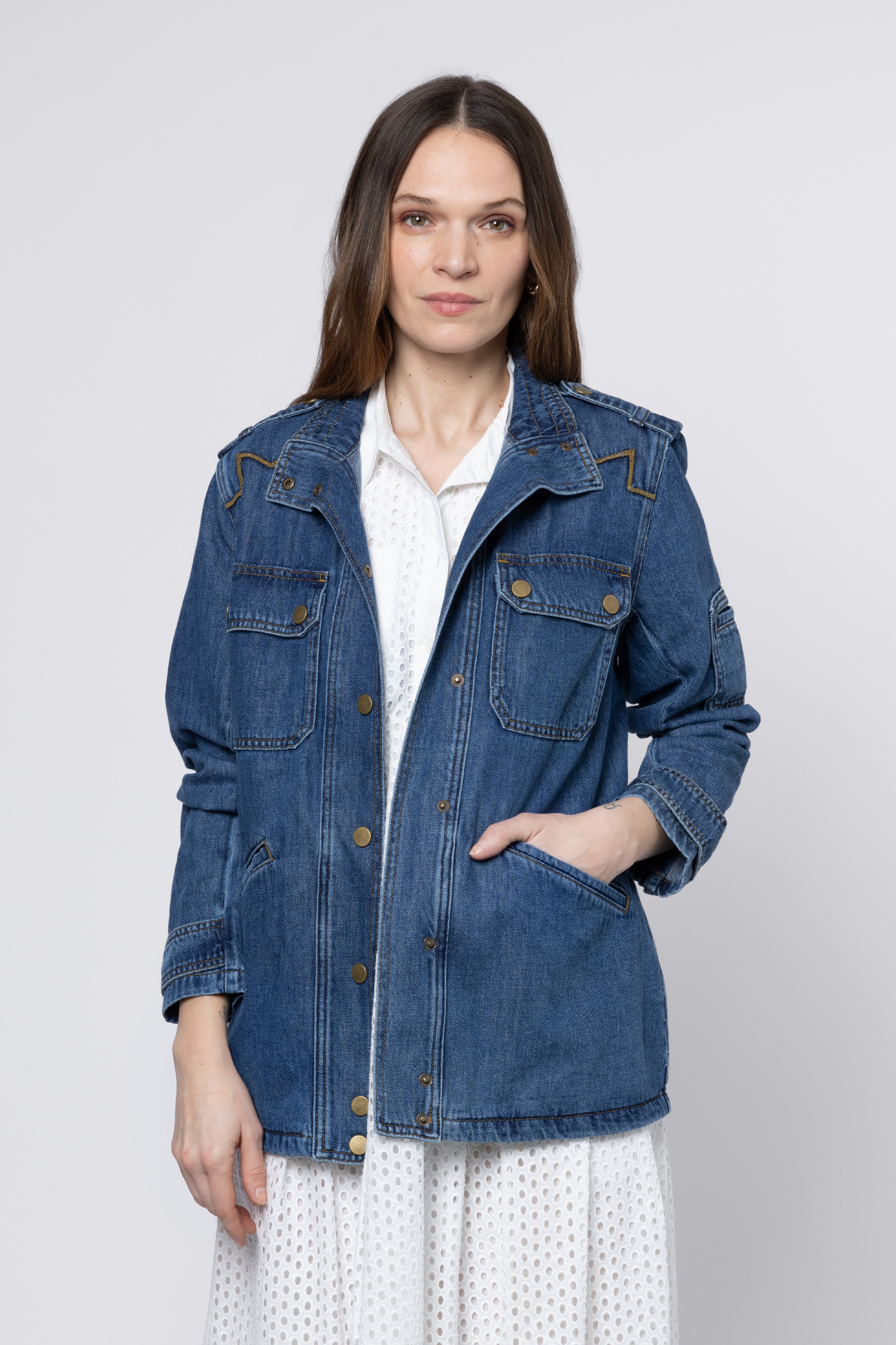 Model wearing Ladies Denim Shacket Elevenloves.co.uk