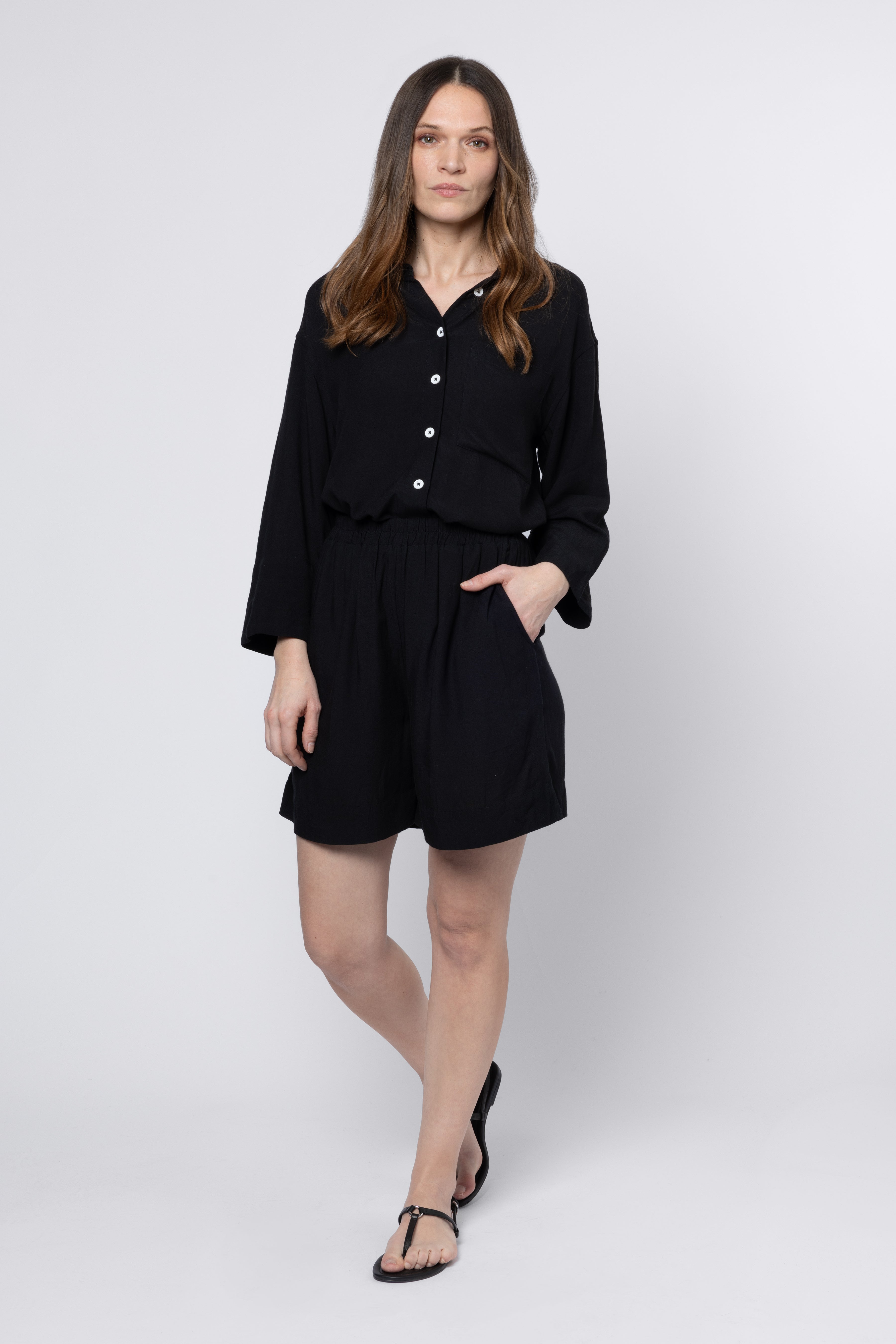 model wearing Lottie linen shorts Eleven Loves