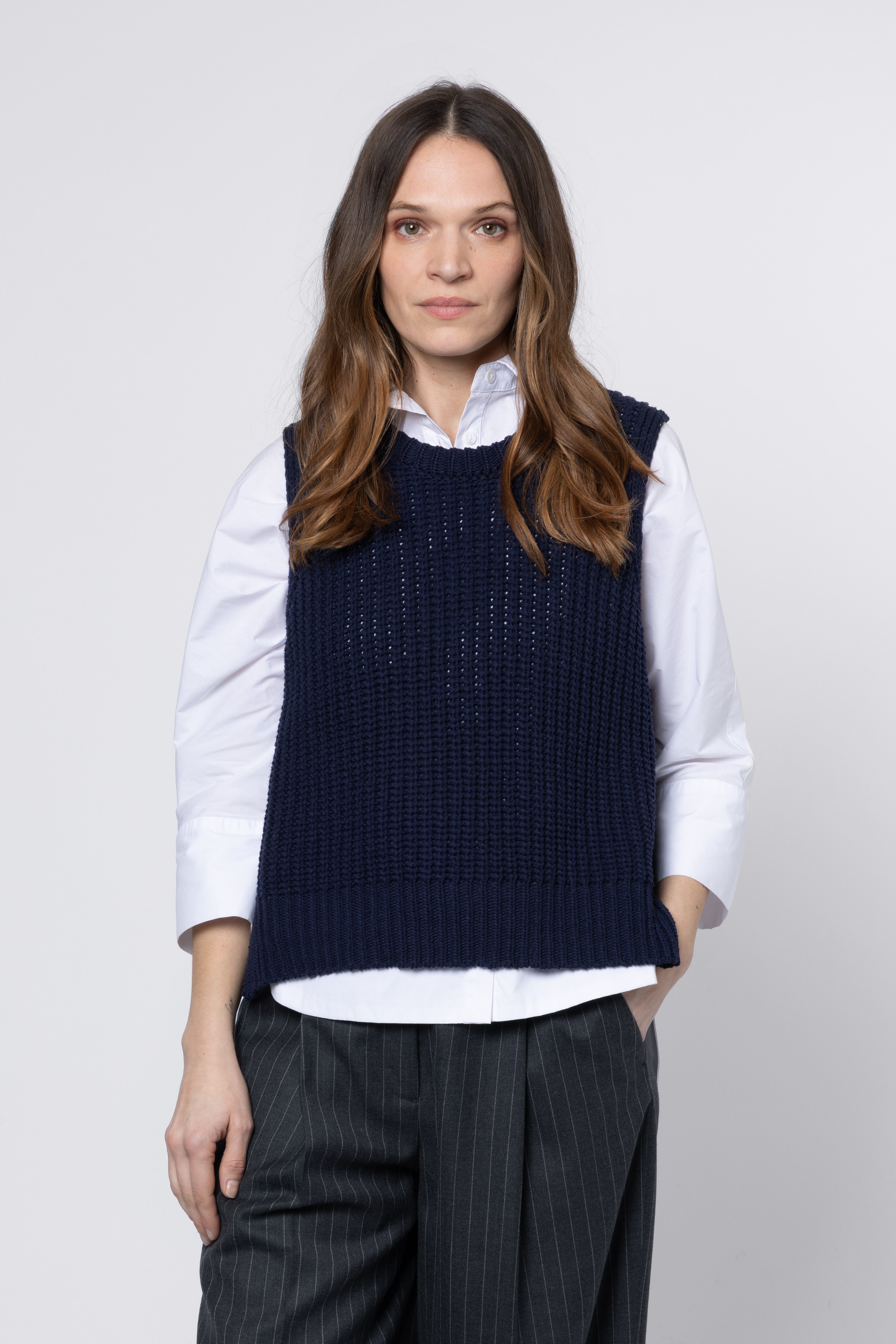 Model wearing Navy Knitted Tank Top 11 Loves