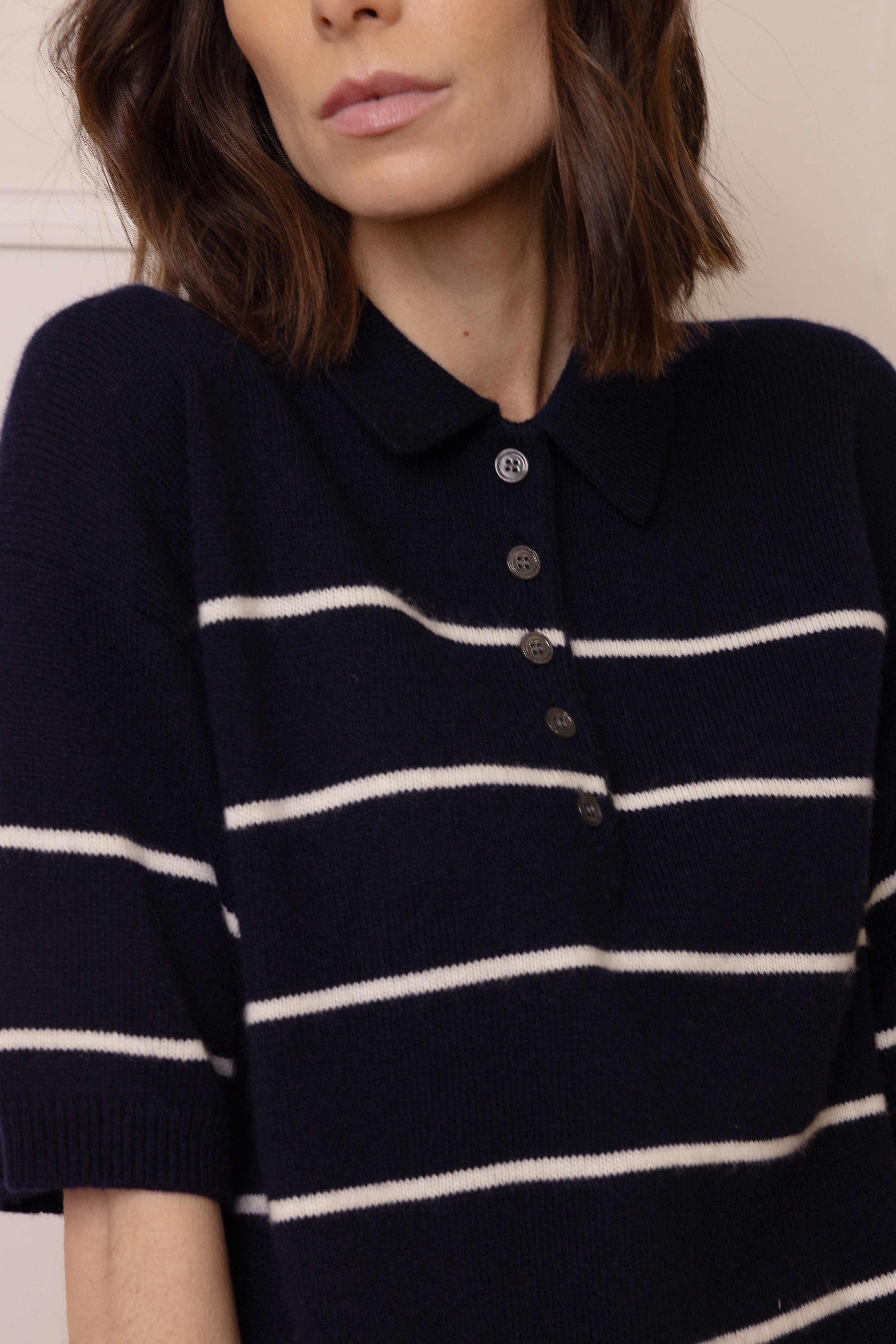 Noah Button Neck Cashmere Blend Jumper - Navy/Ivory Stripe