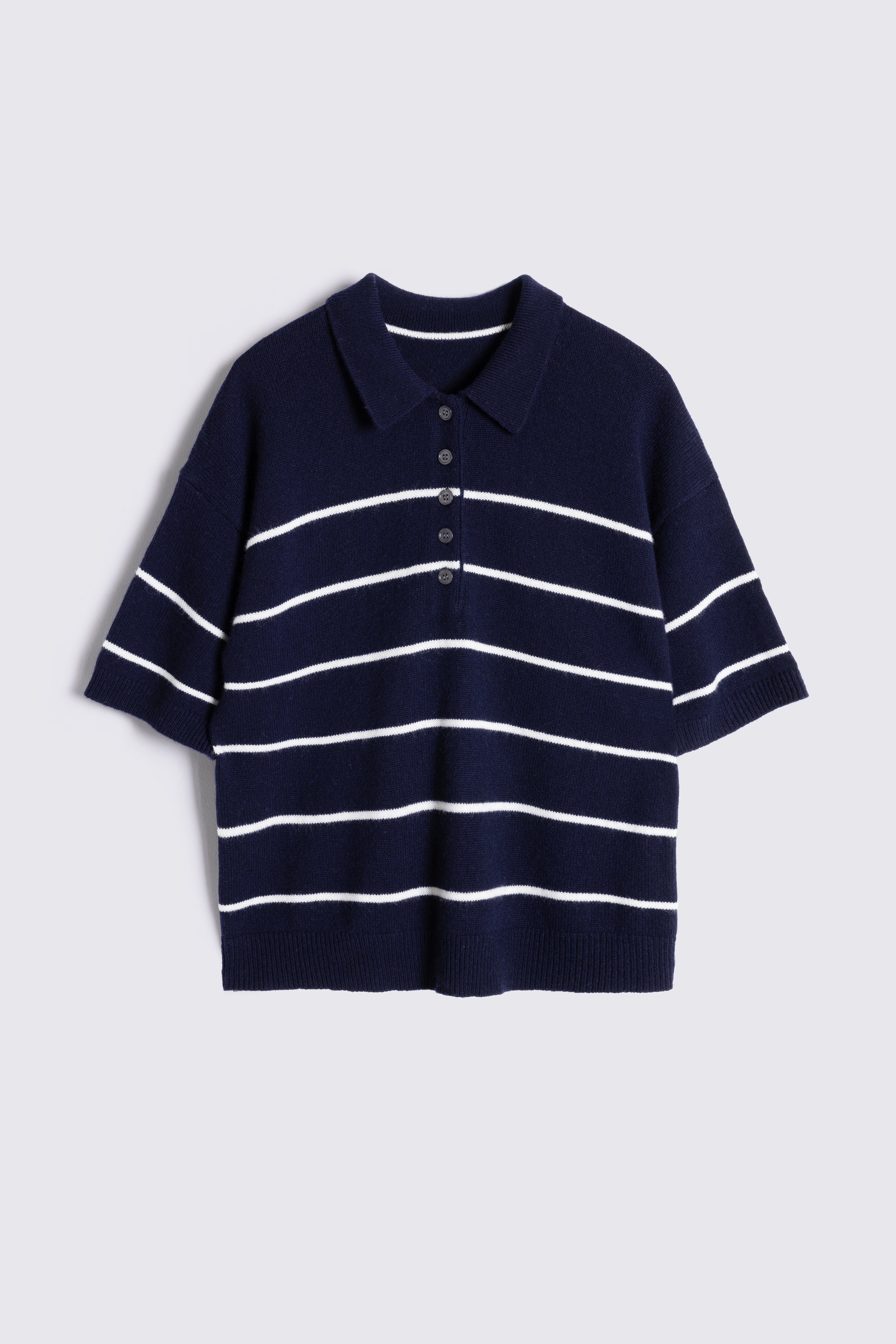 Navy blue polo shirt with white stripes on a light gray background