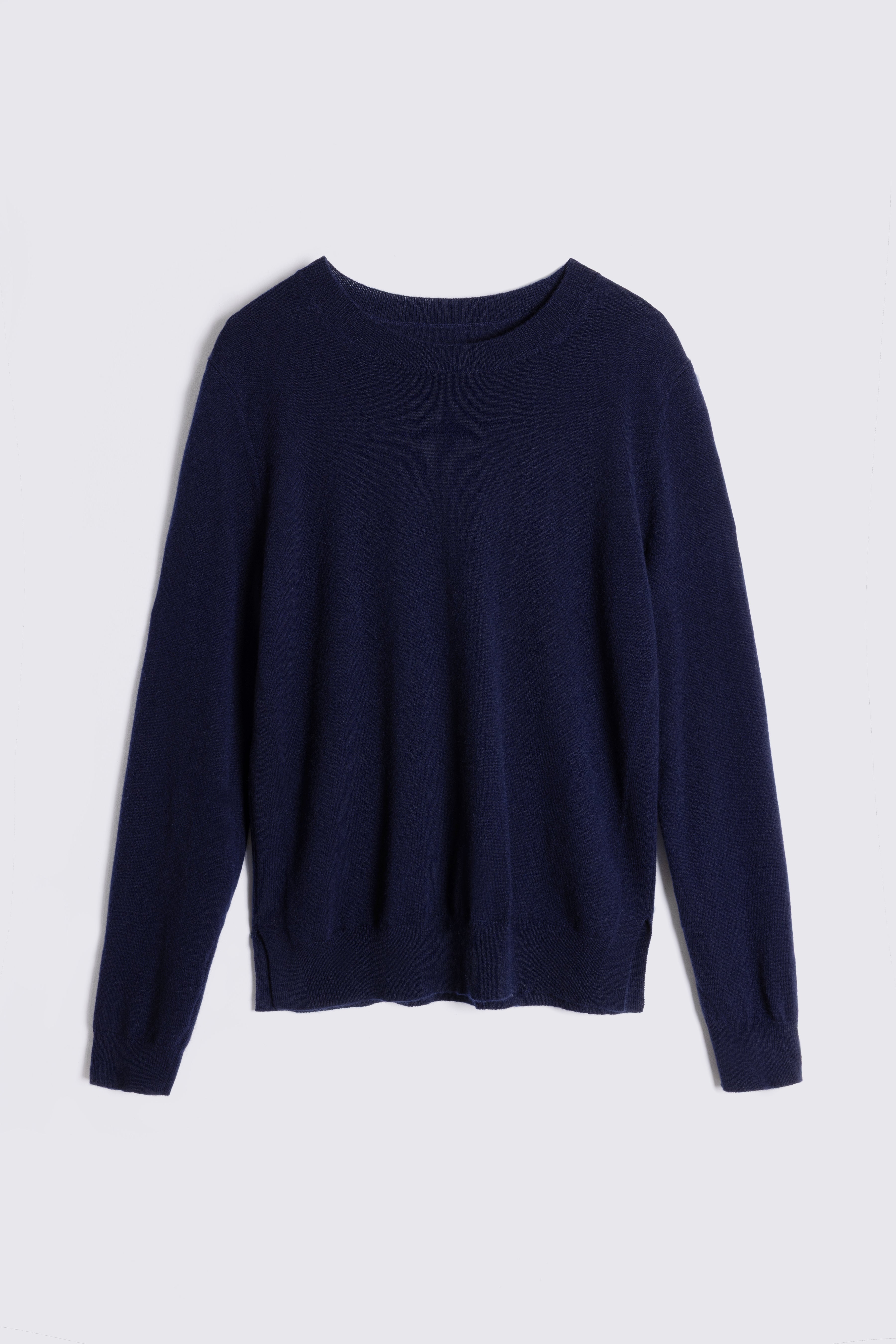 Navy blue sweater on a light gray background