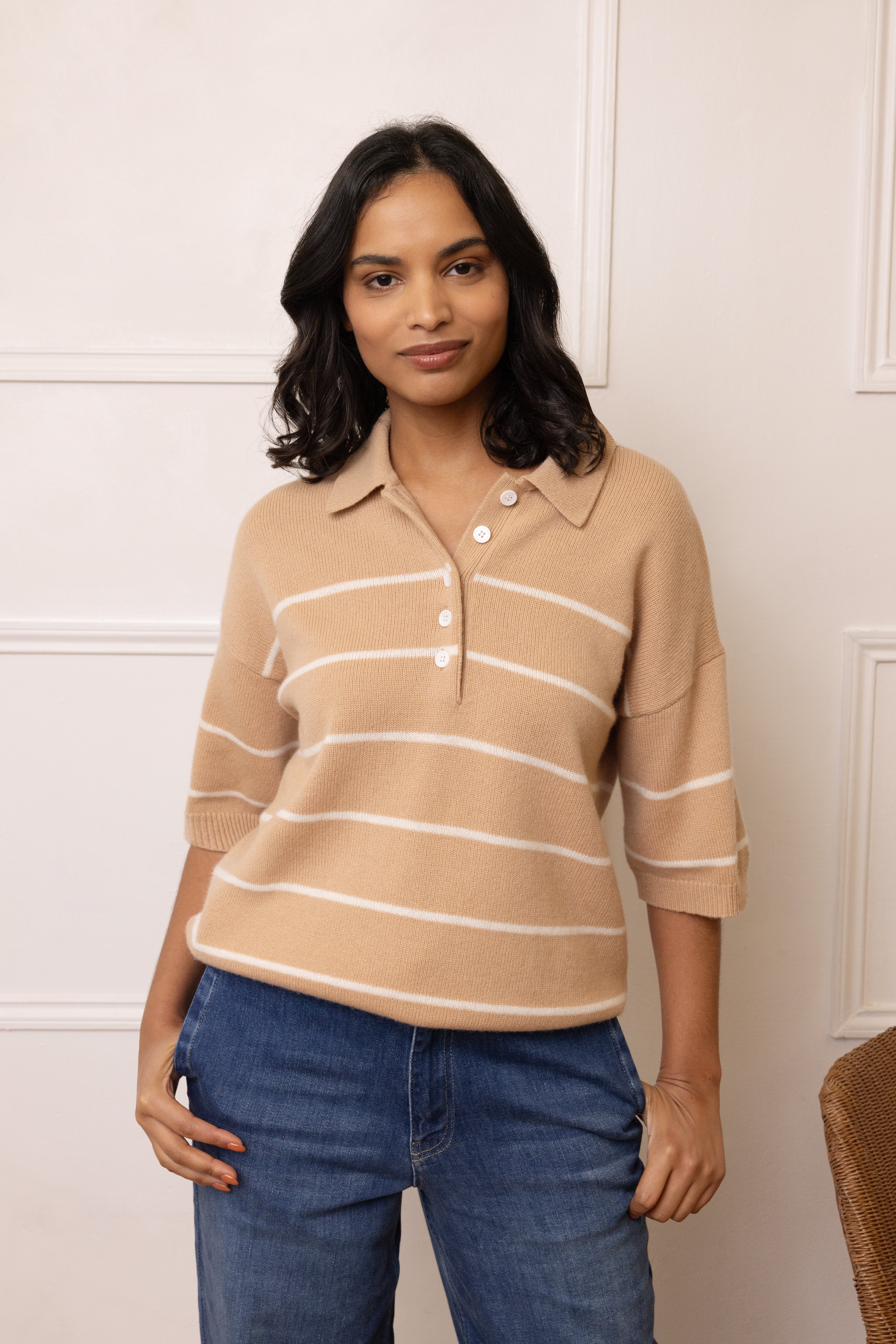 Noah Button Neck Cashmere Blend Jumper - Cappuccino/Ivory Stripe