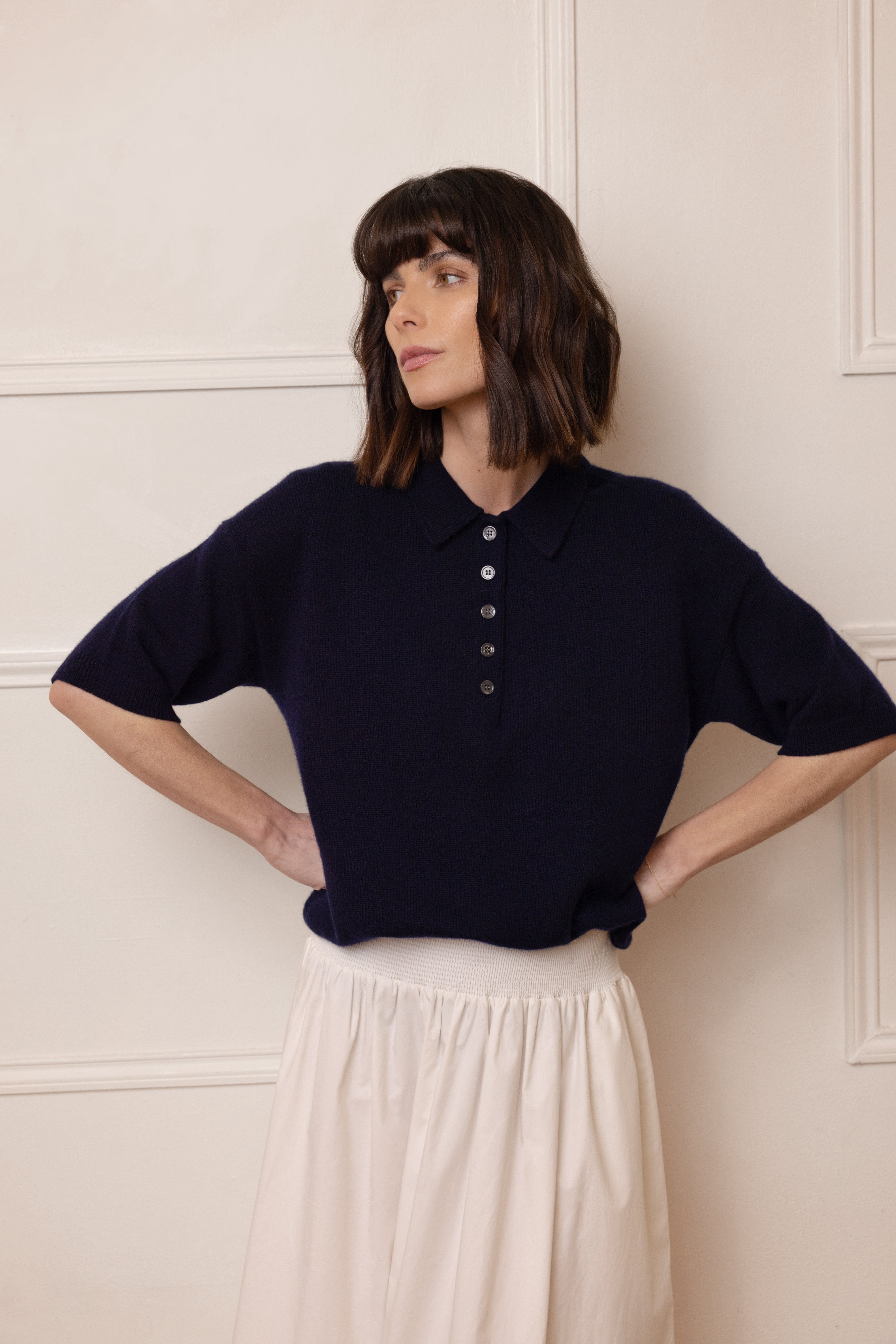 Noah Button Neck Cashmere Blend Jumper - Navy