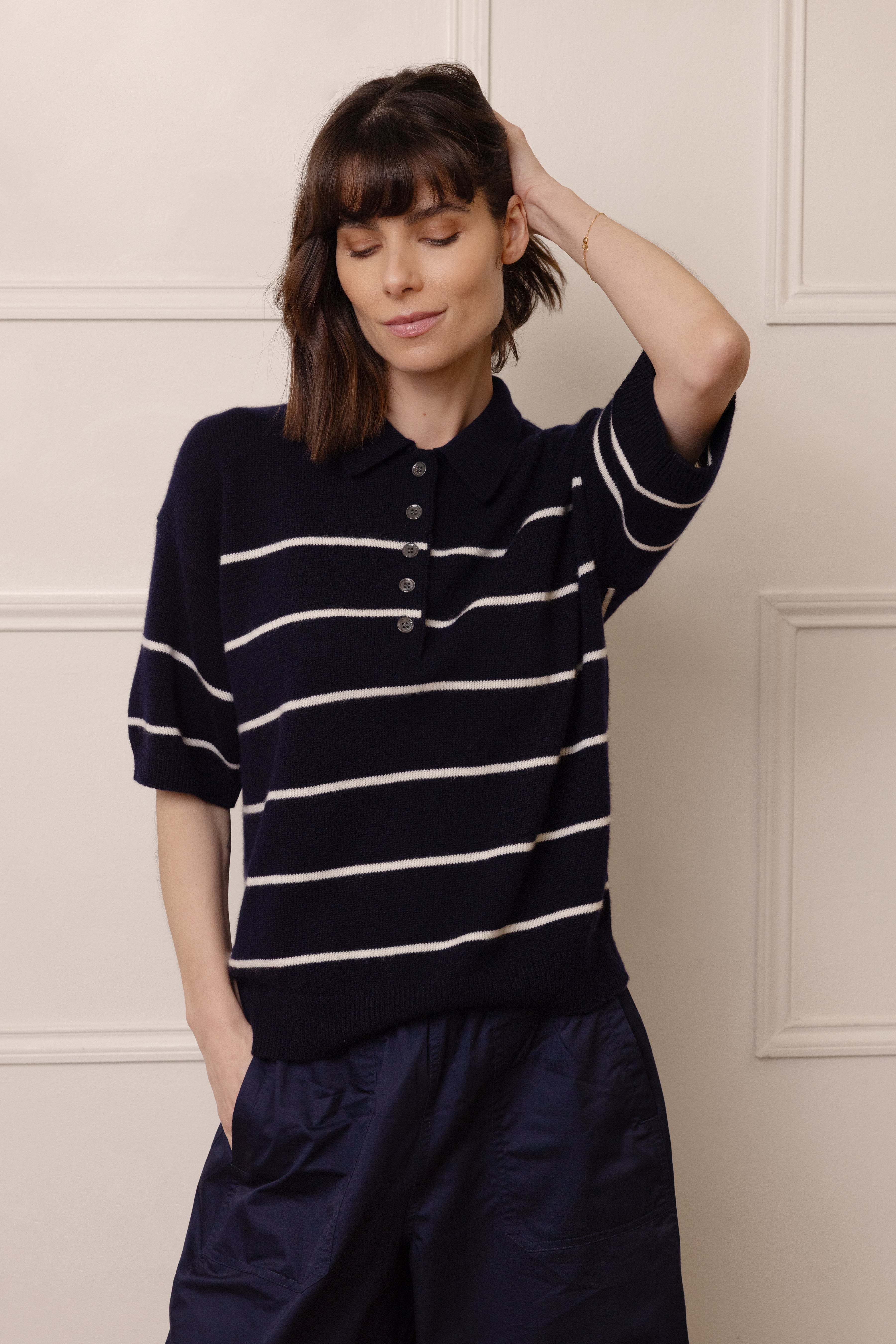 Noah Button Neck Cashmere Blend Jumper - Navy/Ivory Stripe