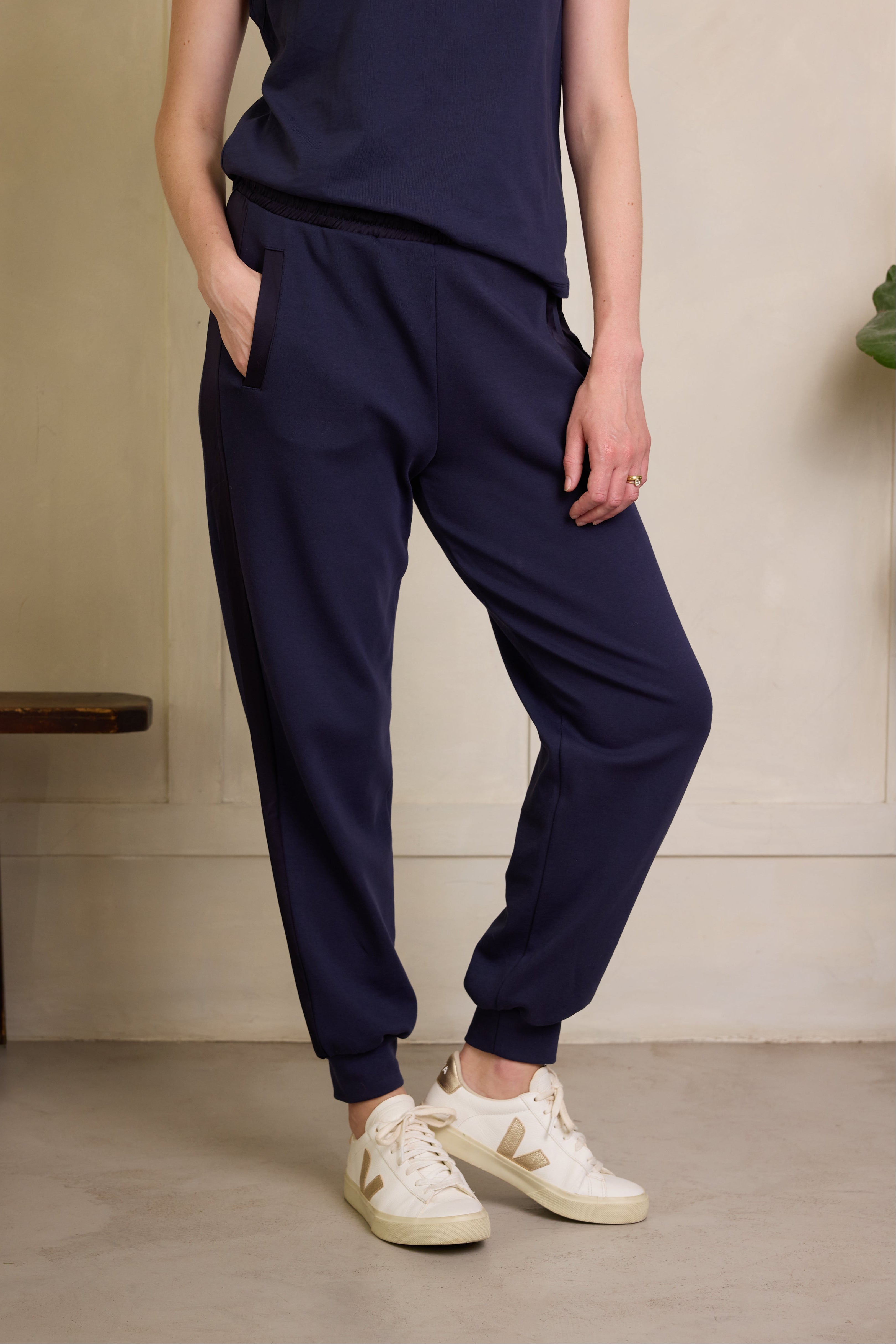 Female Perfect Side Stripe Joggers 95% Greek certified sustainable FiberMax® Cotton in Navy Front View