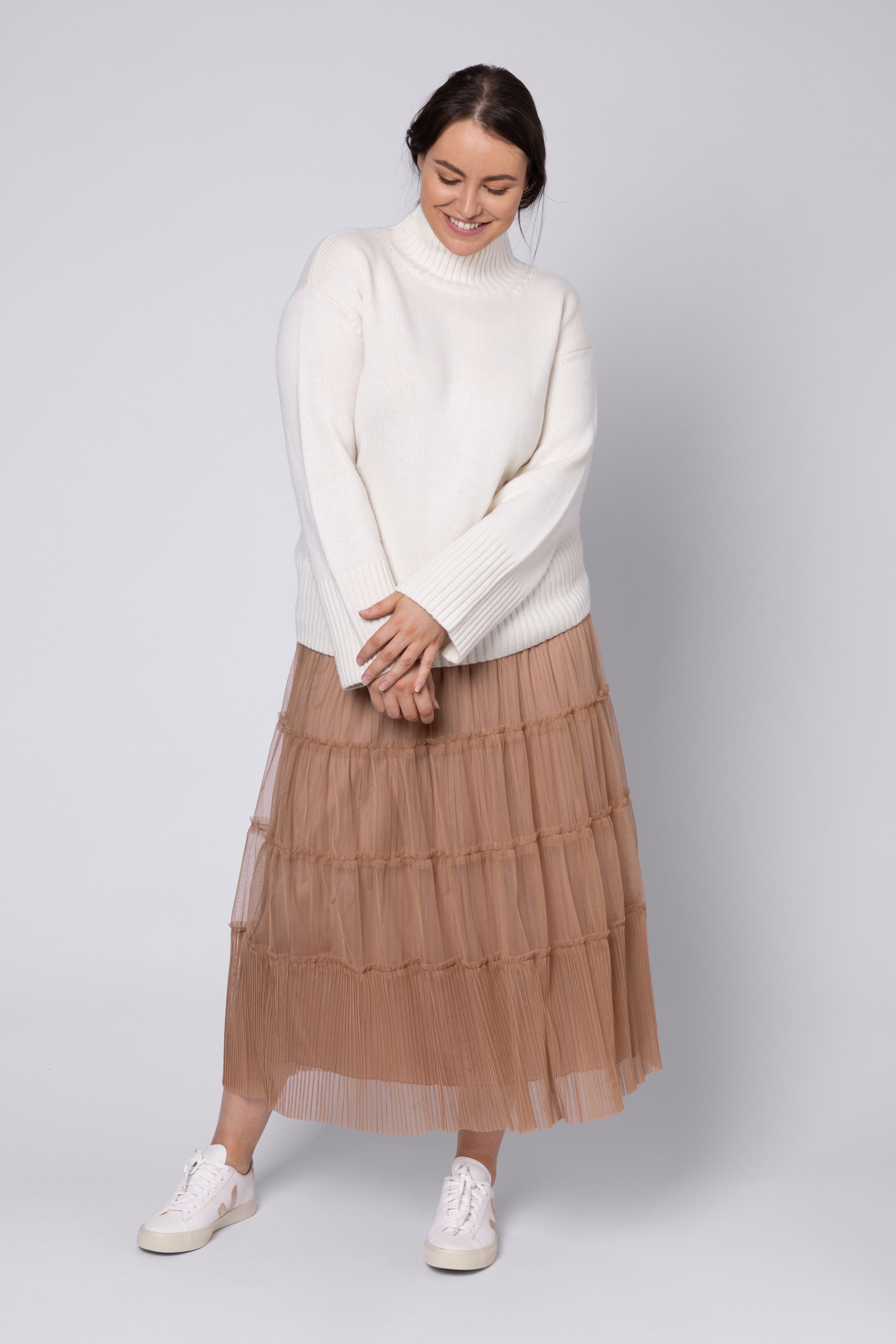 Pearl Pleated Tulle Skirt - Caramel