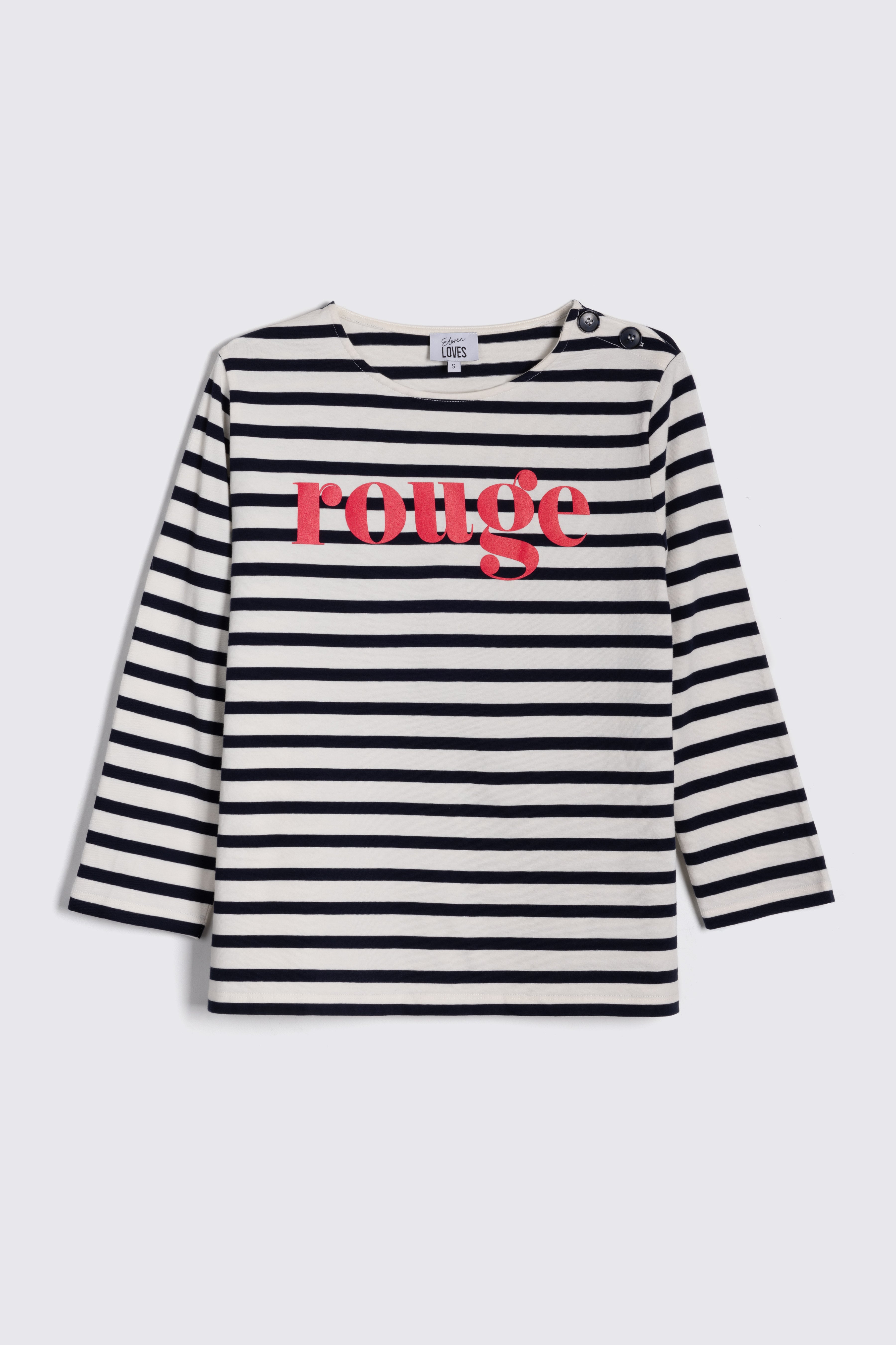 Flat lay view of the women's Rouge Jessica Breton Top in navy and ivory stripe, showing the boat neckline and boxy fit