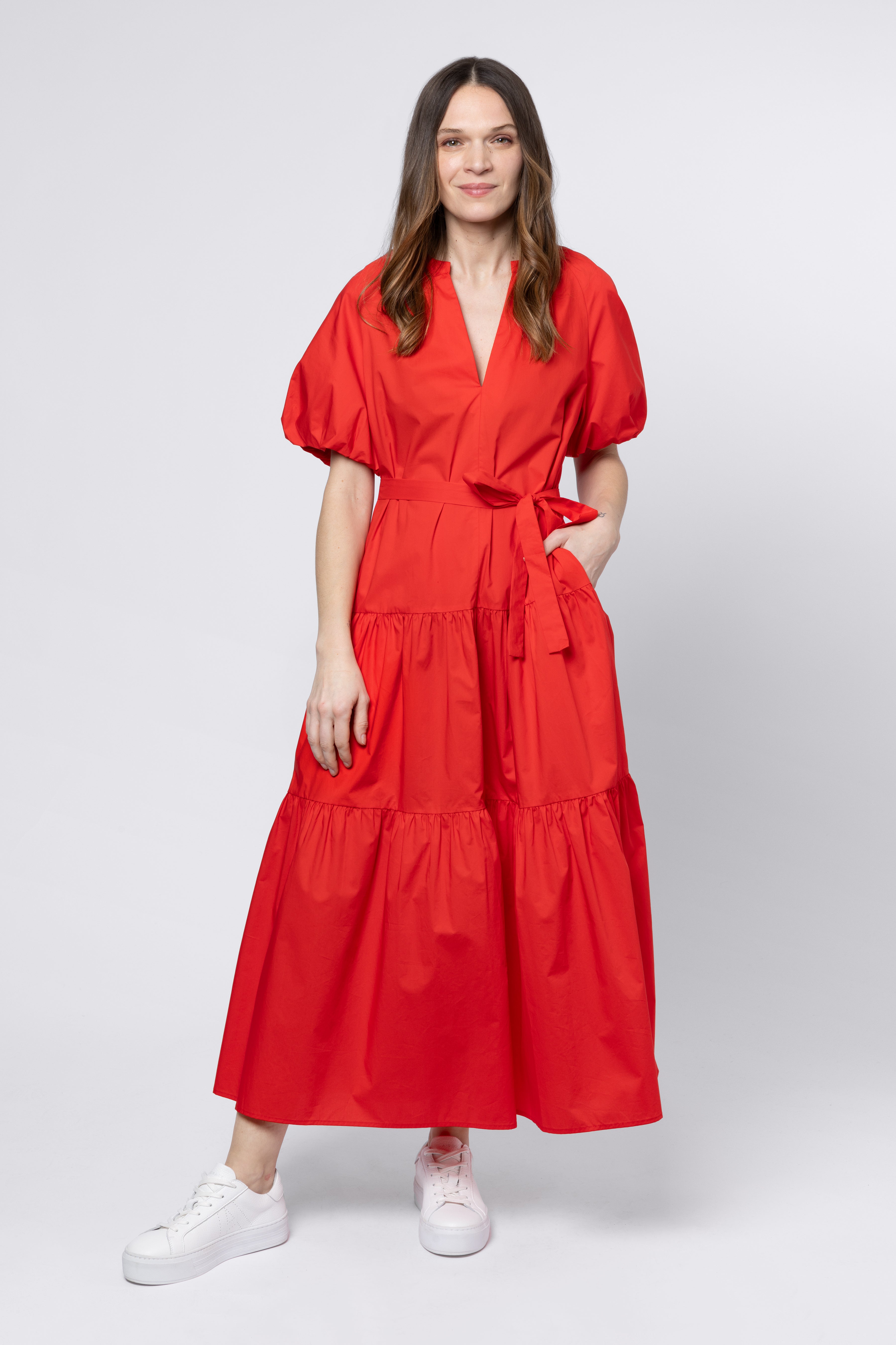 model wearing Red Balloon Sleeve Dress 11 Loves