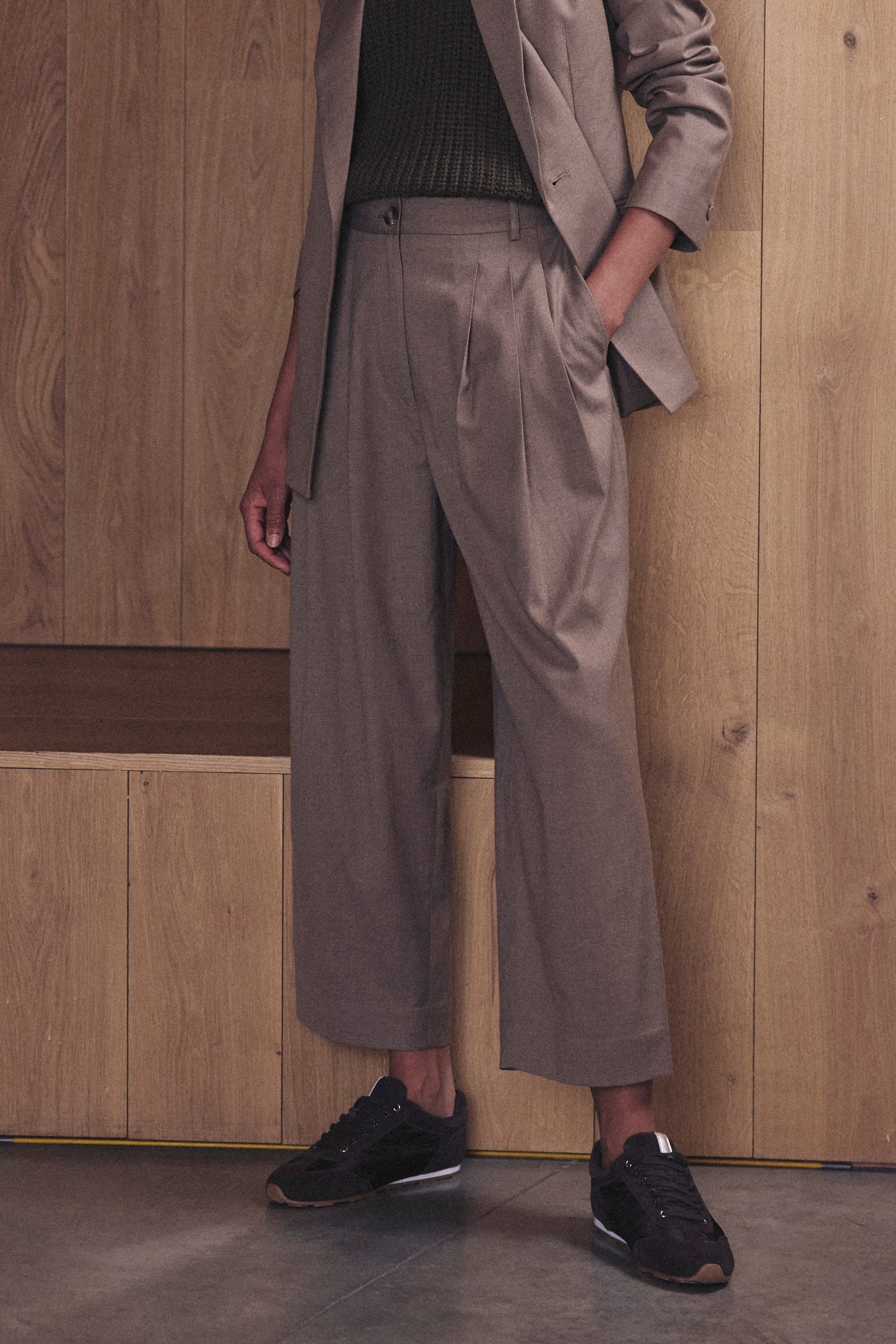 Eadie taupe pleat front trousers worn with the matching Josephine taupe blazer