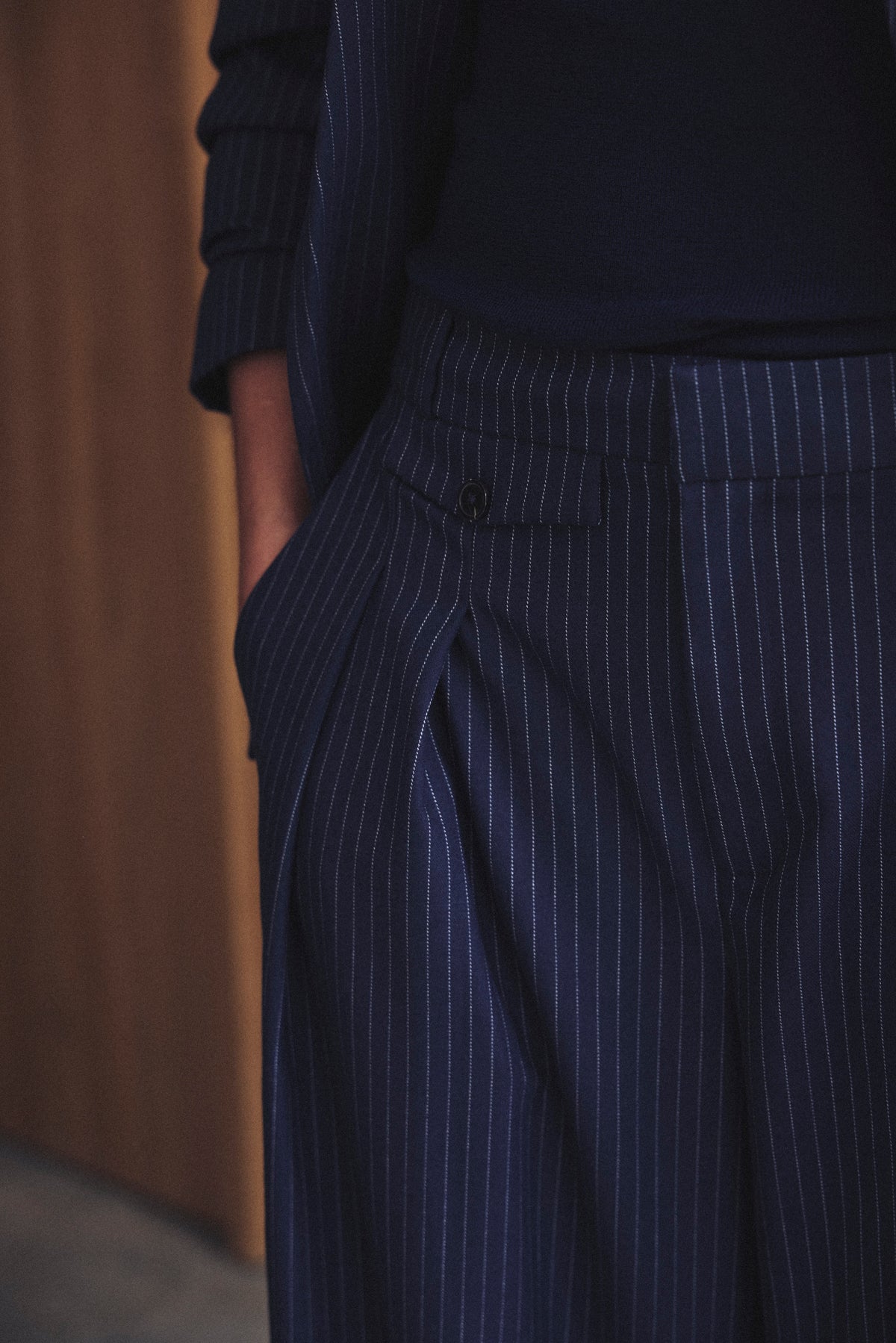 Dora Wide Leg Trousers - Navy Pinstripe