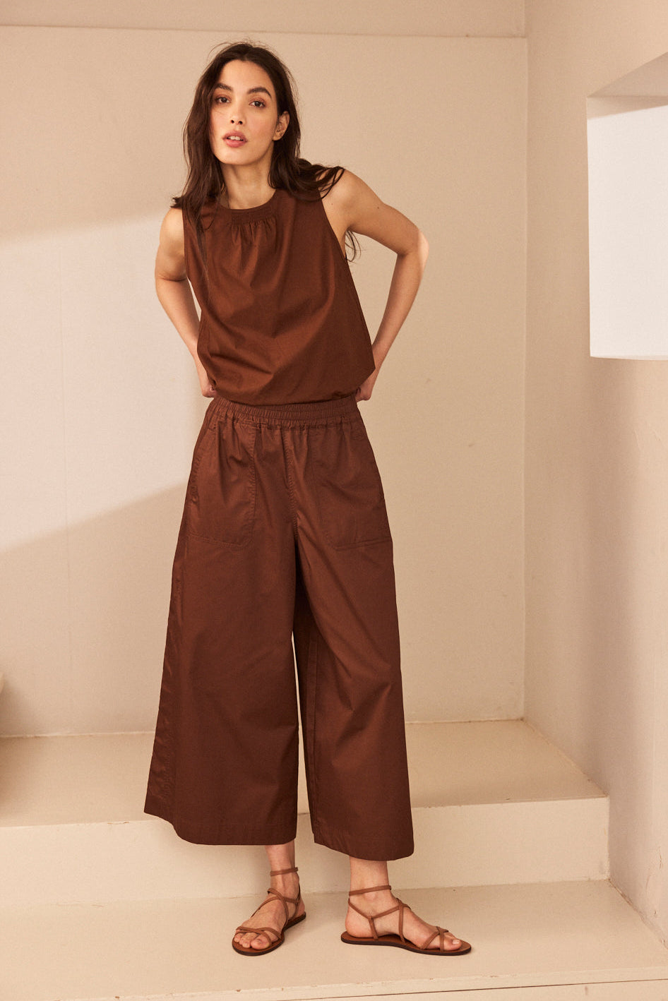 Cassie Wide Leg Cropped Trousers - Chocolate - Eleven Loves