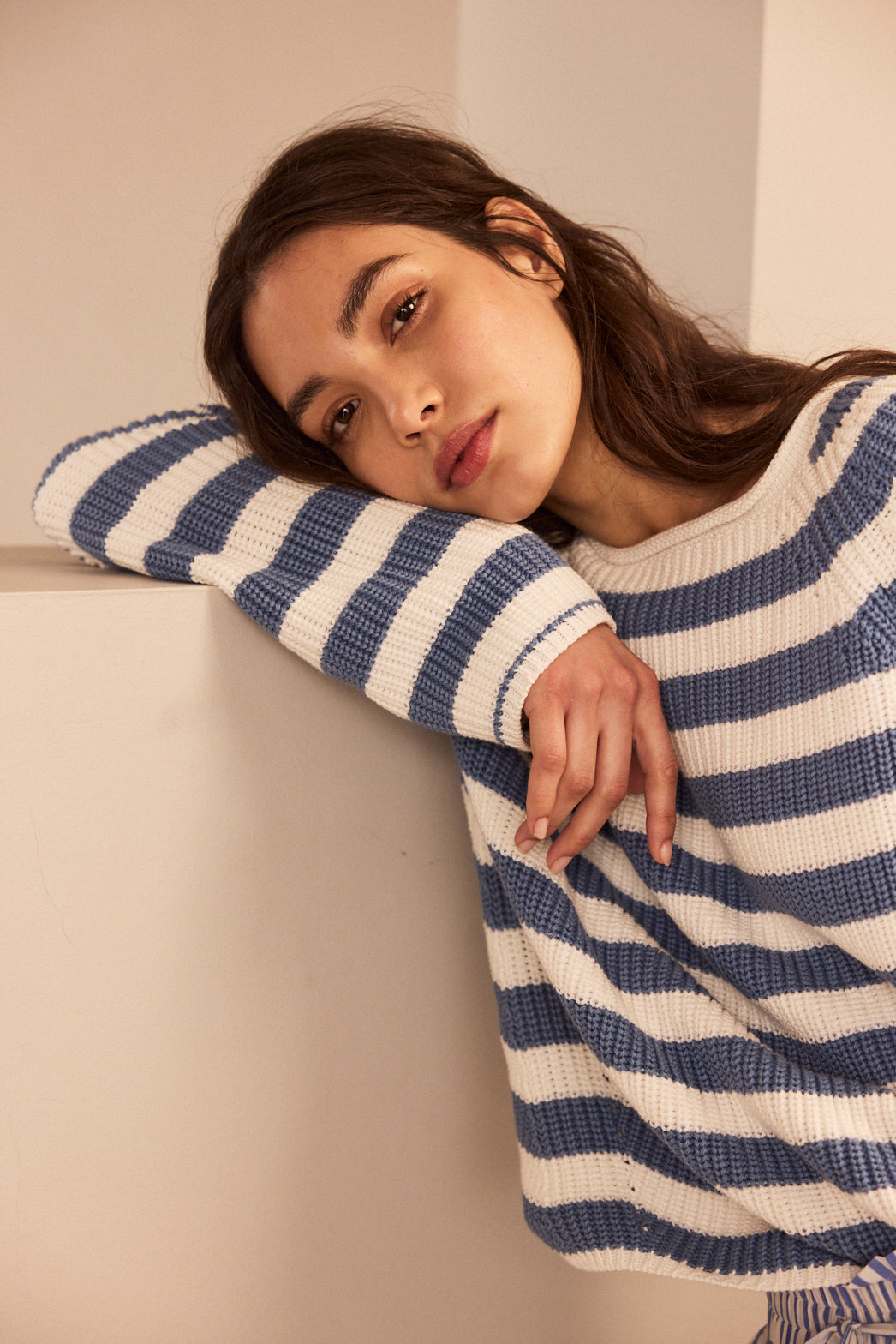 Polly Pointelle Jumper - Blue/White Stripe - Eleven Loves