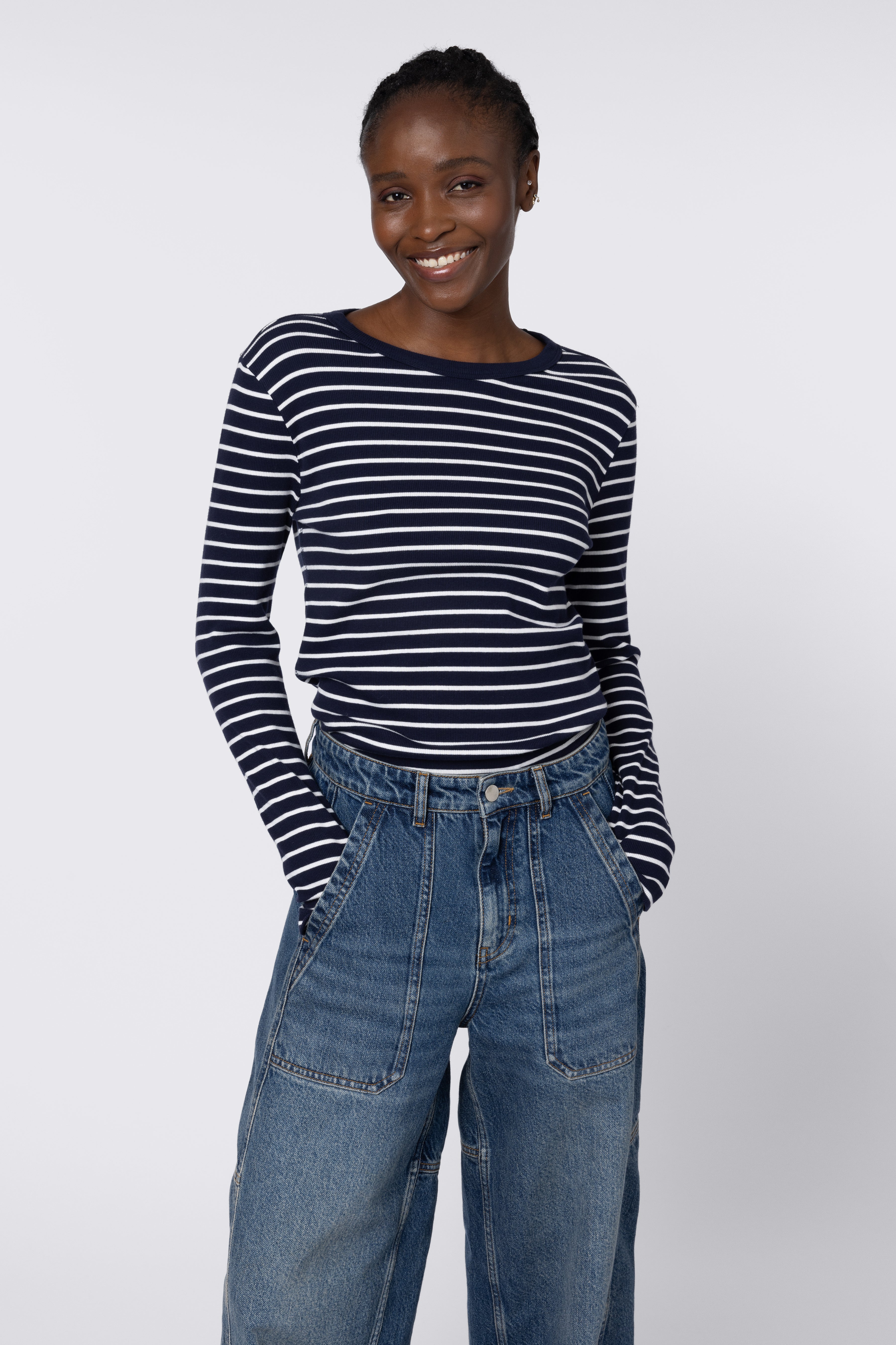 Leni Long Sleeve Striped Top - navy/ivory