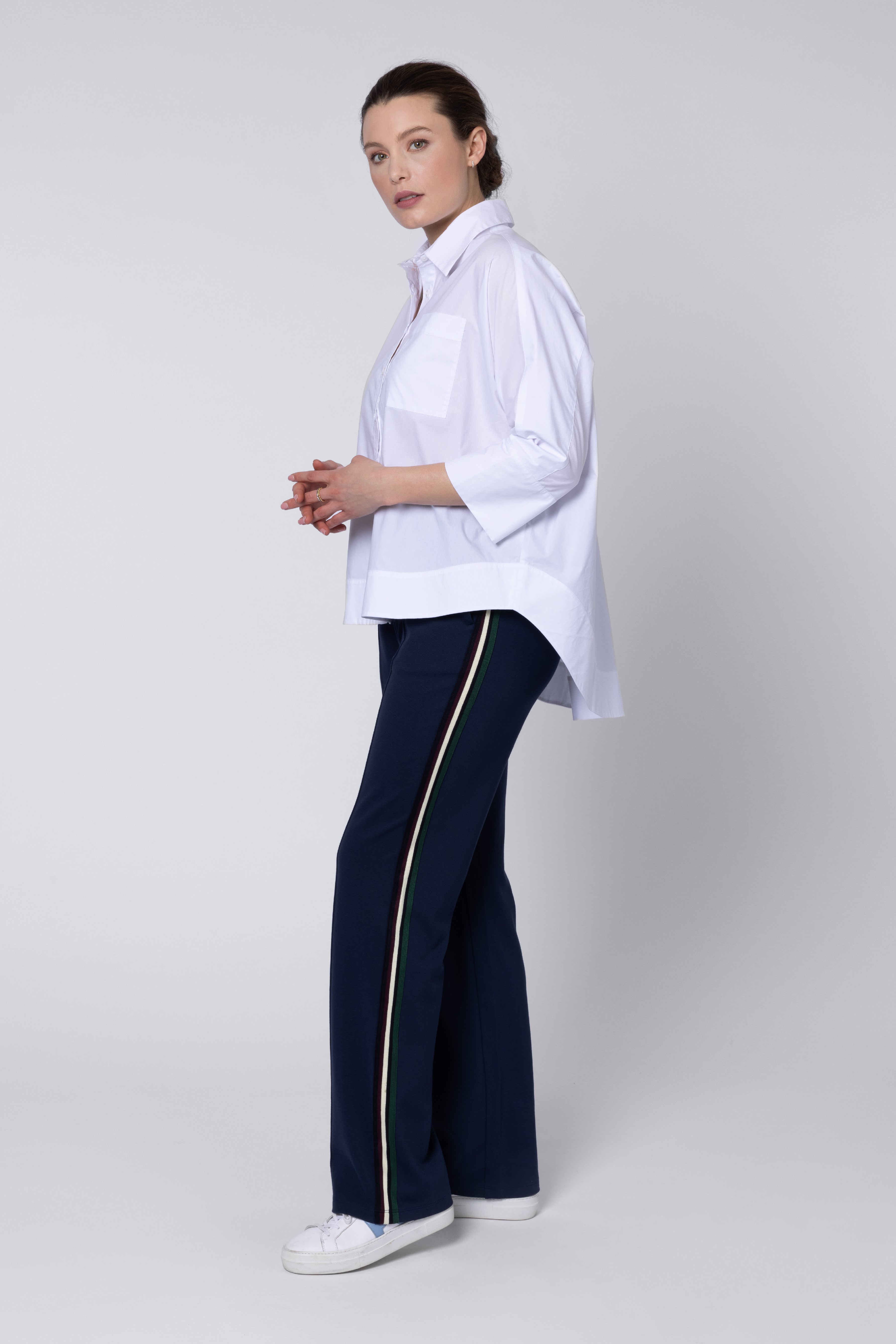 Model wearing Saffron Side Stripe Trousers Eleven Loves