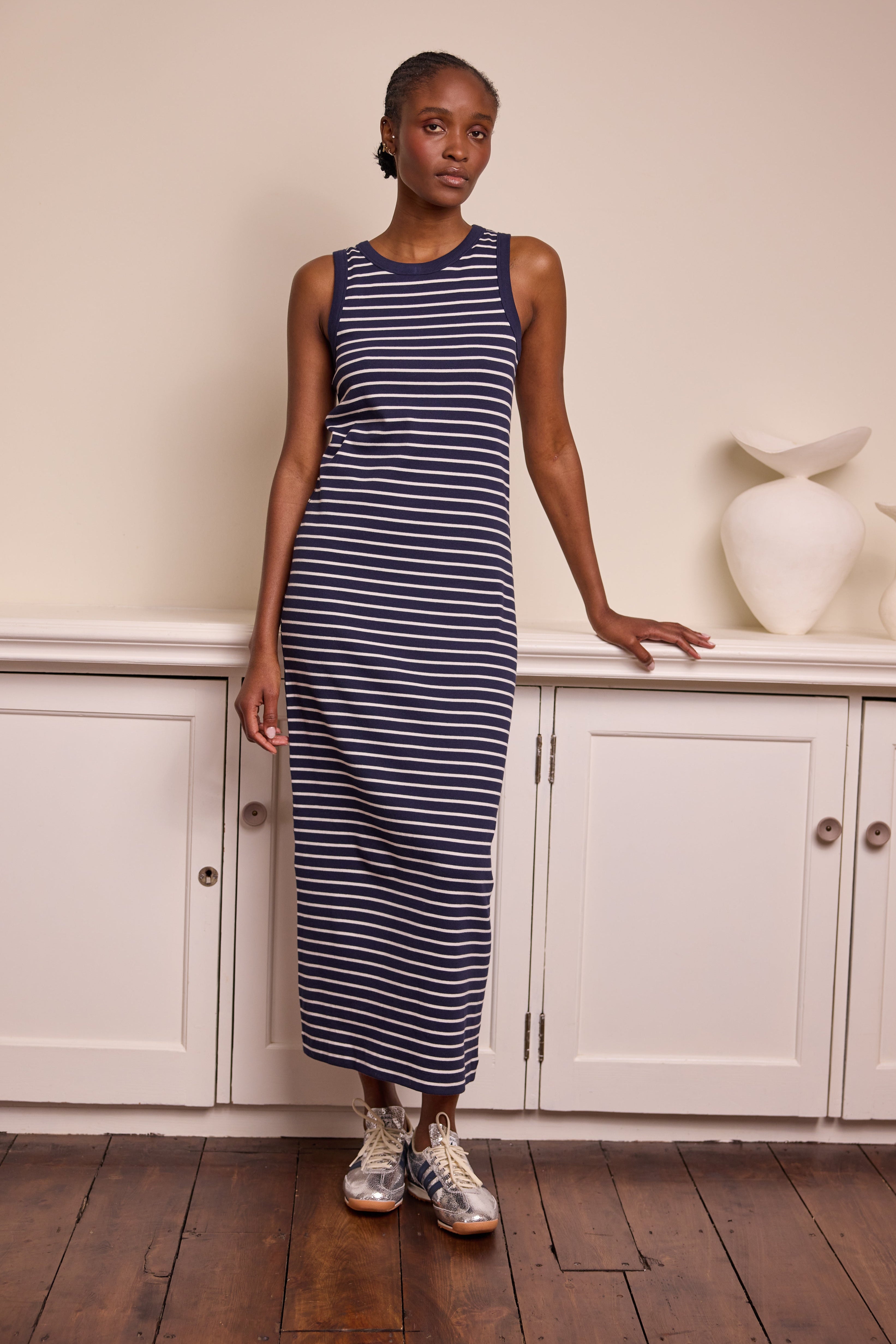 Model wearing Striped Jersey Dress Eleven Loves