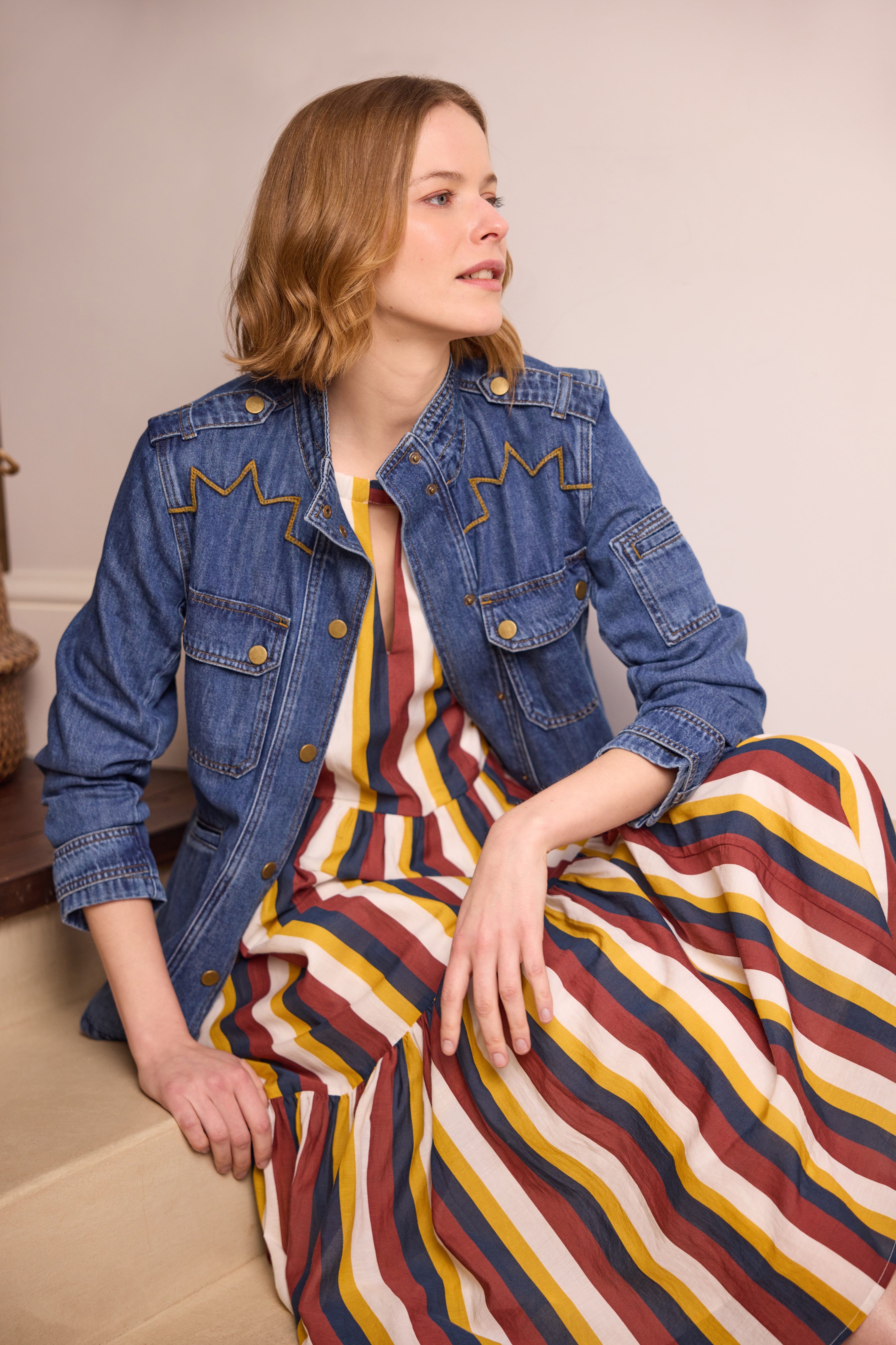 Model wearing Tina Denim Shacket Eleven Loves