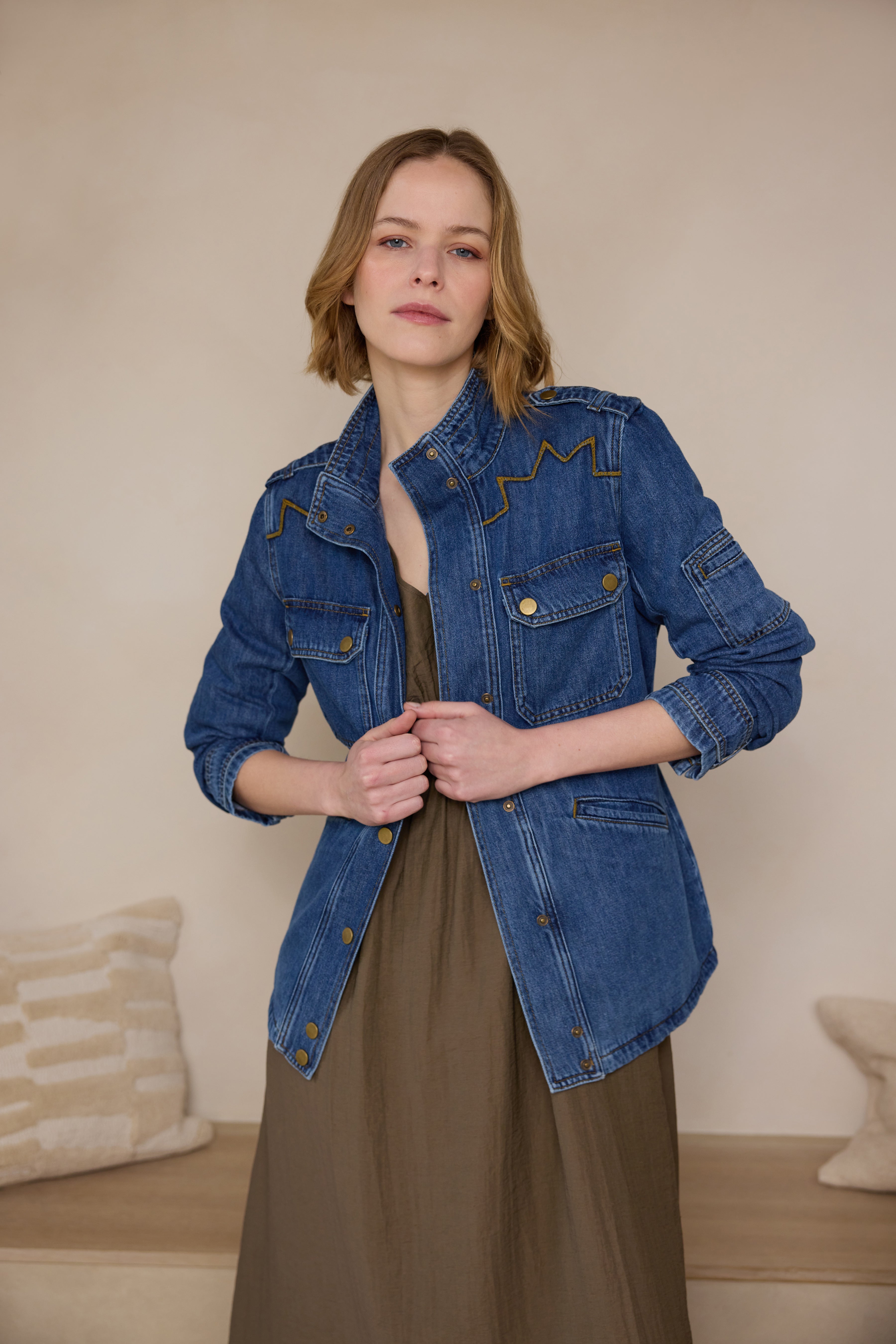 Model wearing Tina Denim Shacket Eleven Loves