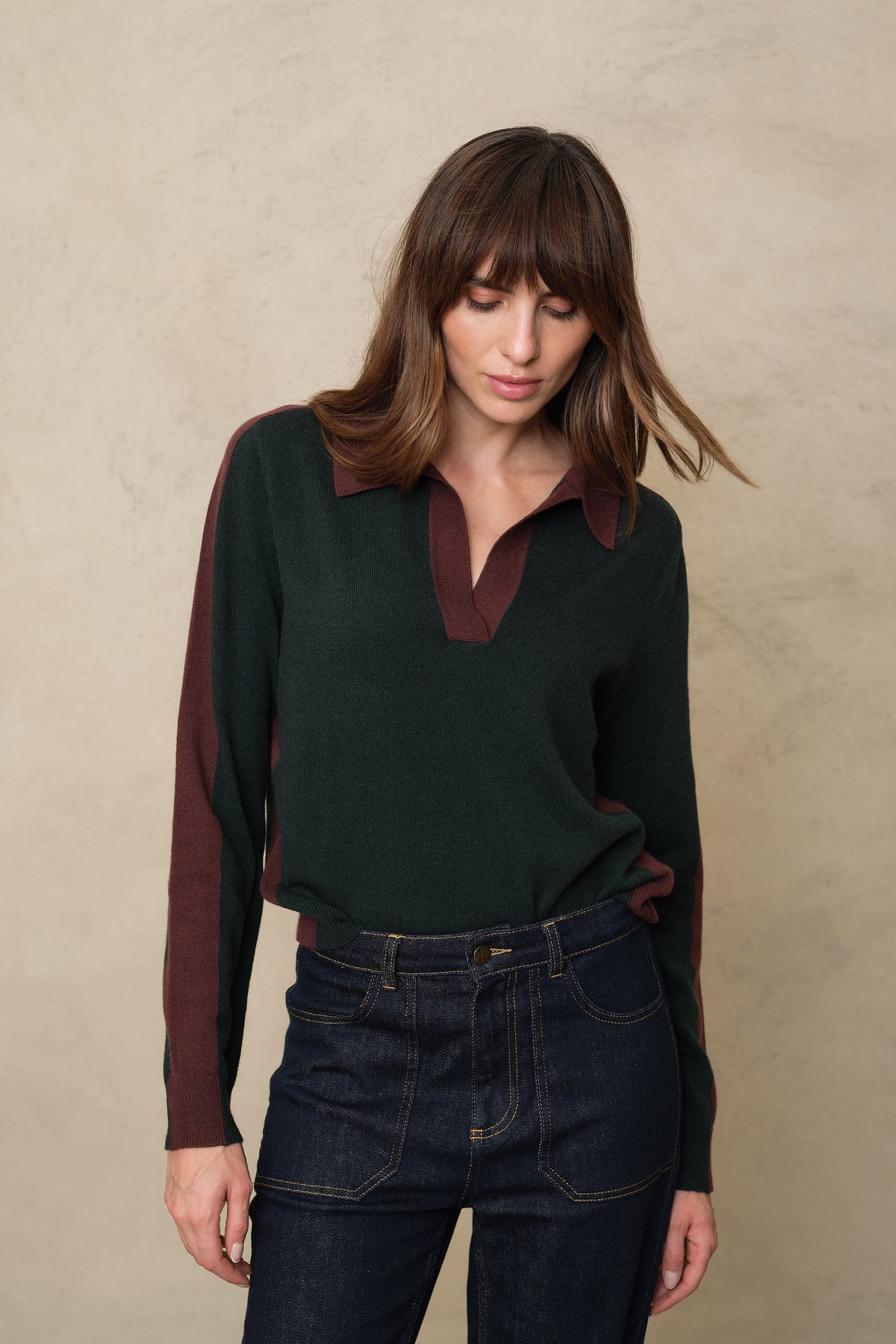 Tria Notch Collar Cashmere Blend Jumper - Bottle Green