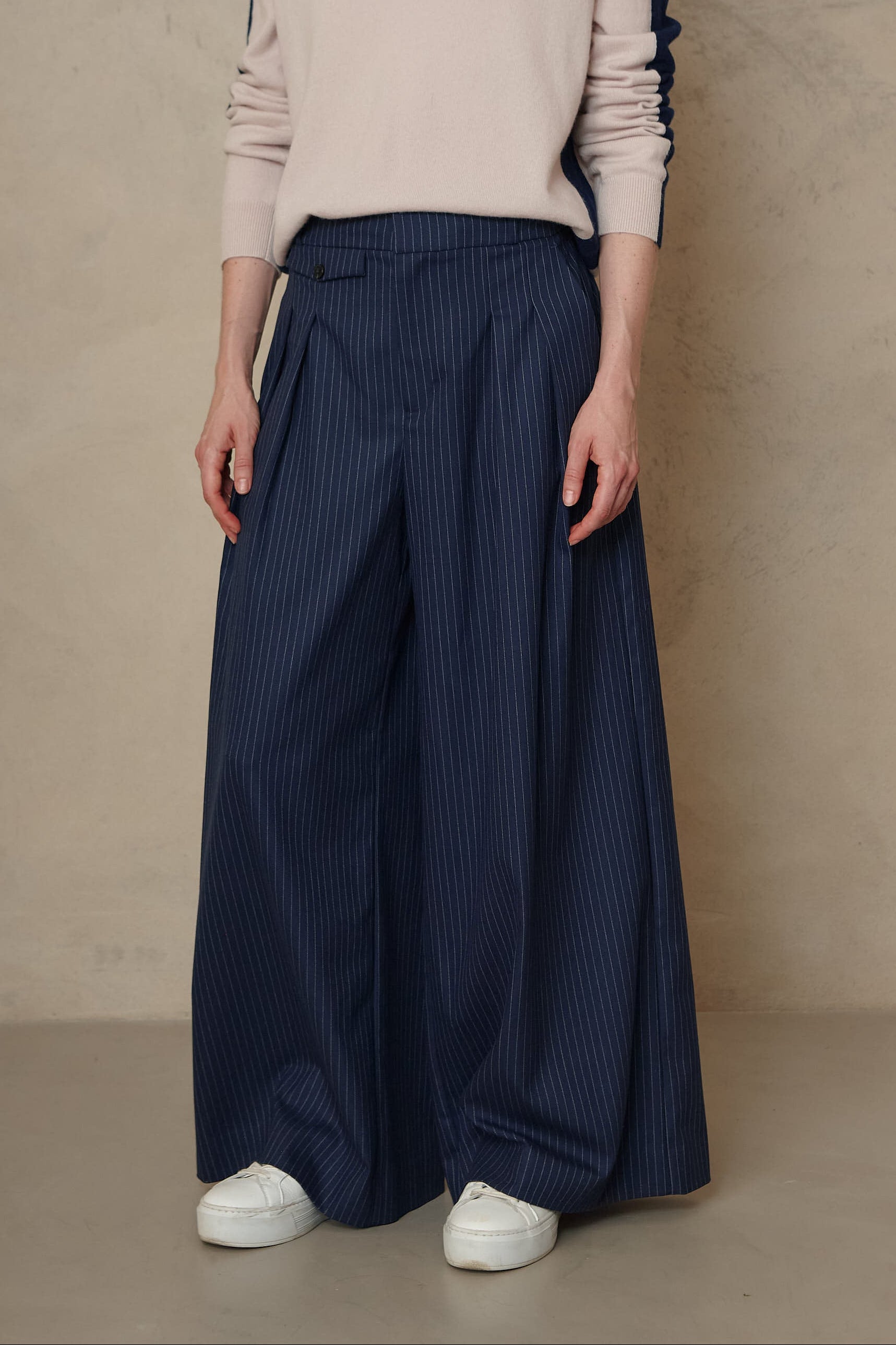 Dora Wide Leg Trousers - Navy Pinstripe