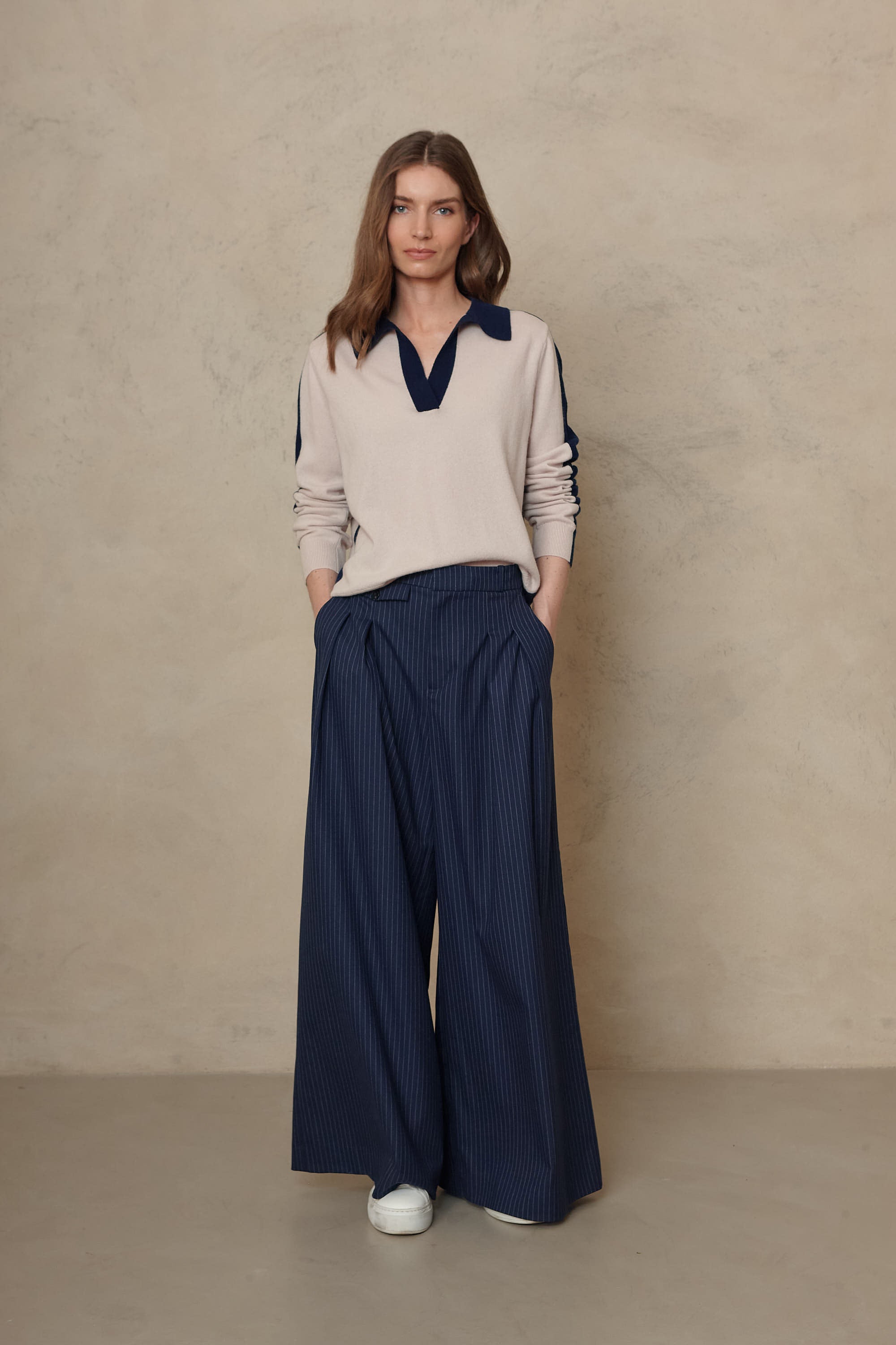 Dora Wide Leg Trousers - Navy Pinstripe