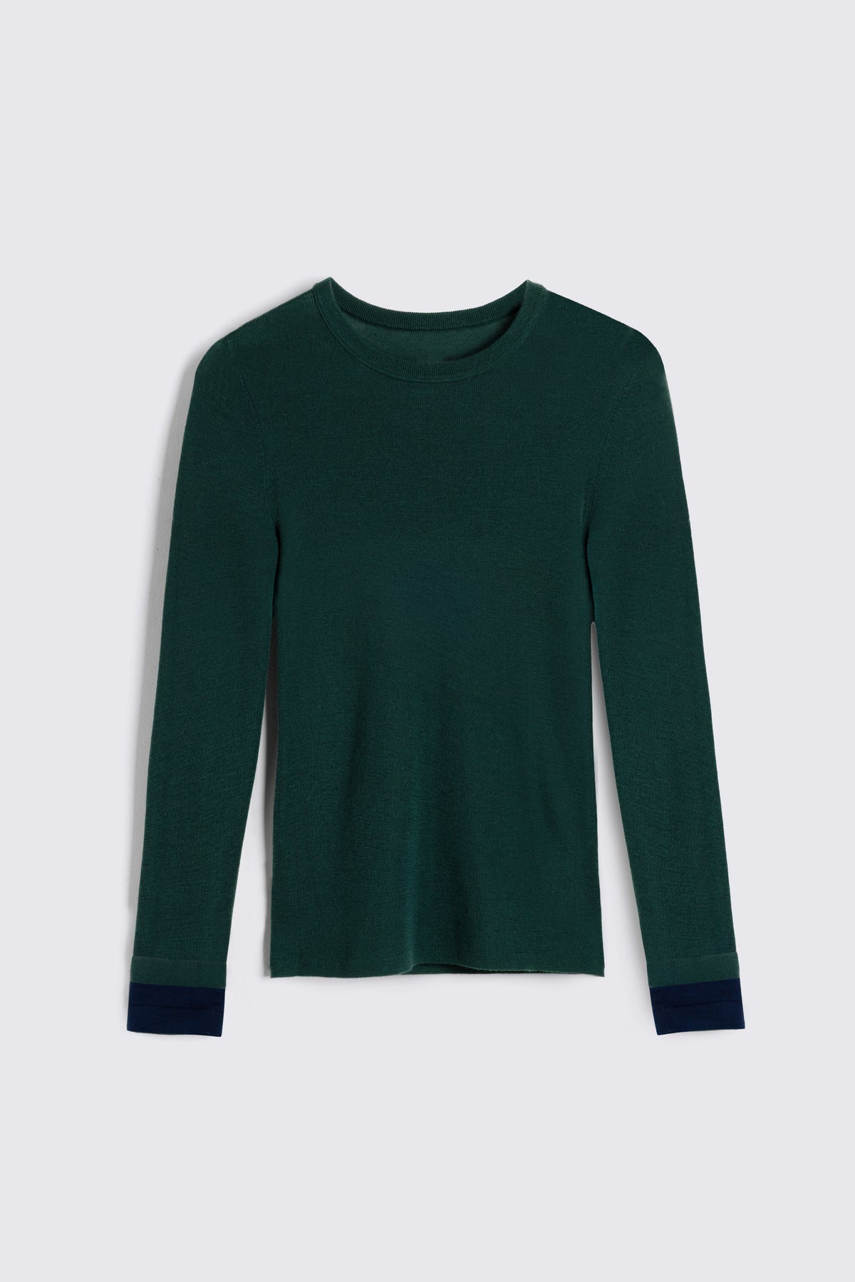 Bottle green jumper for women, the Trinny fine merino crewneck with a navy contrast cuff
