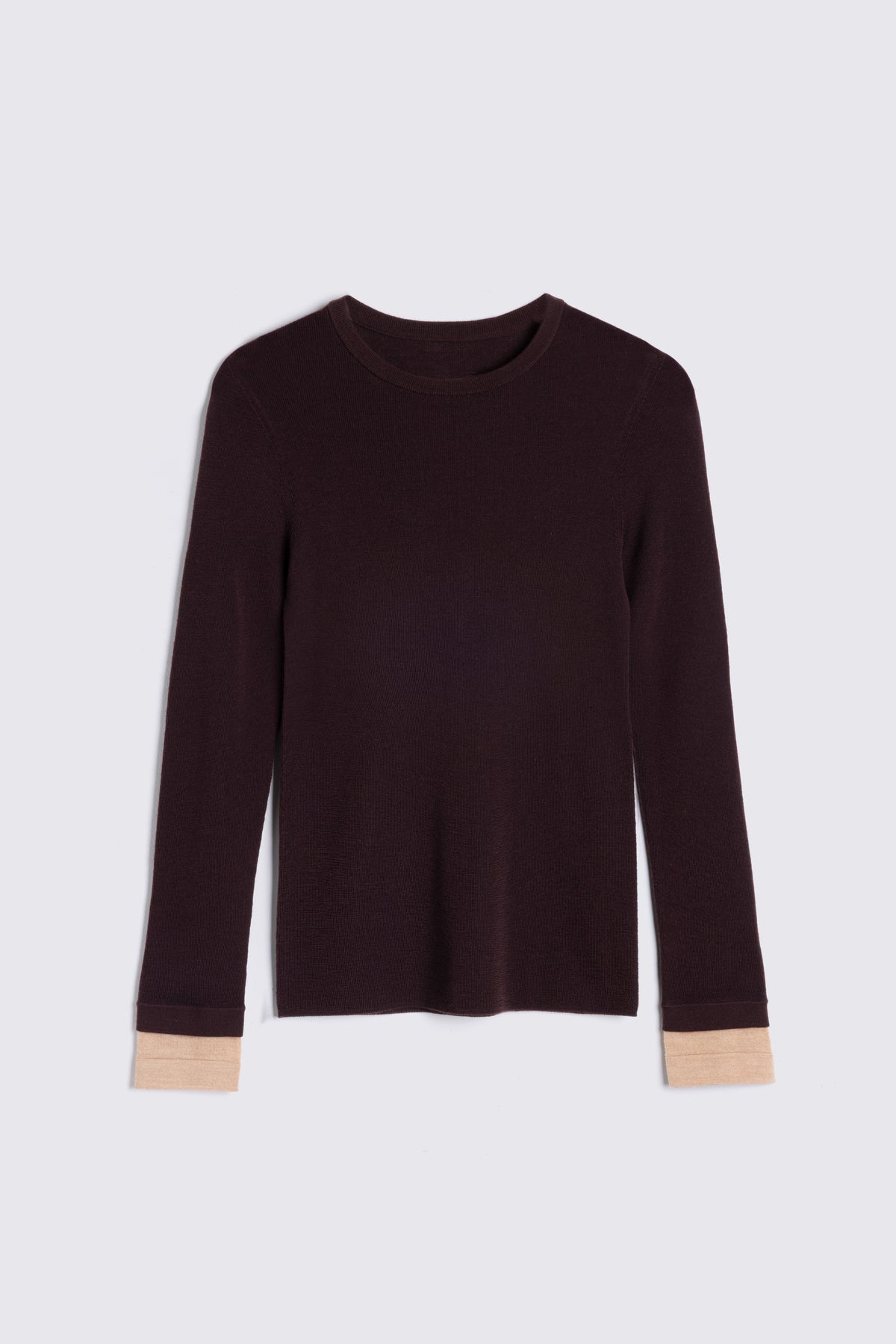 Chocolate jumper, the Trinny fine merino crewneck with a camel contrast cuff