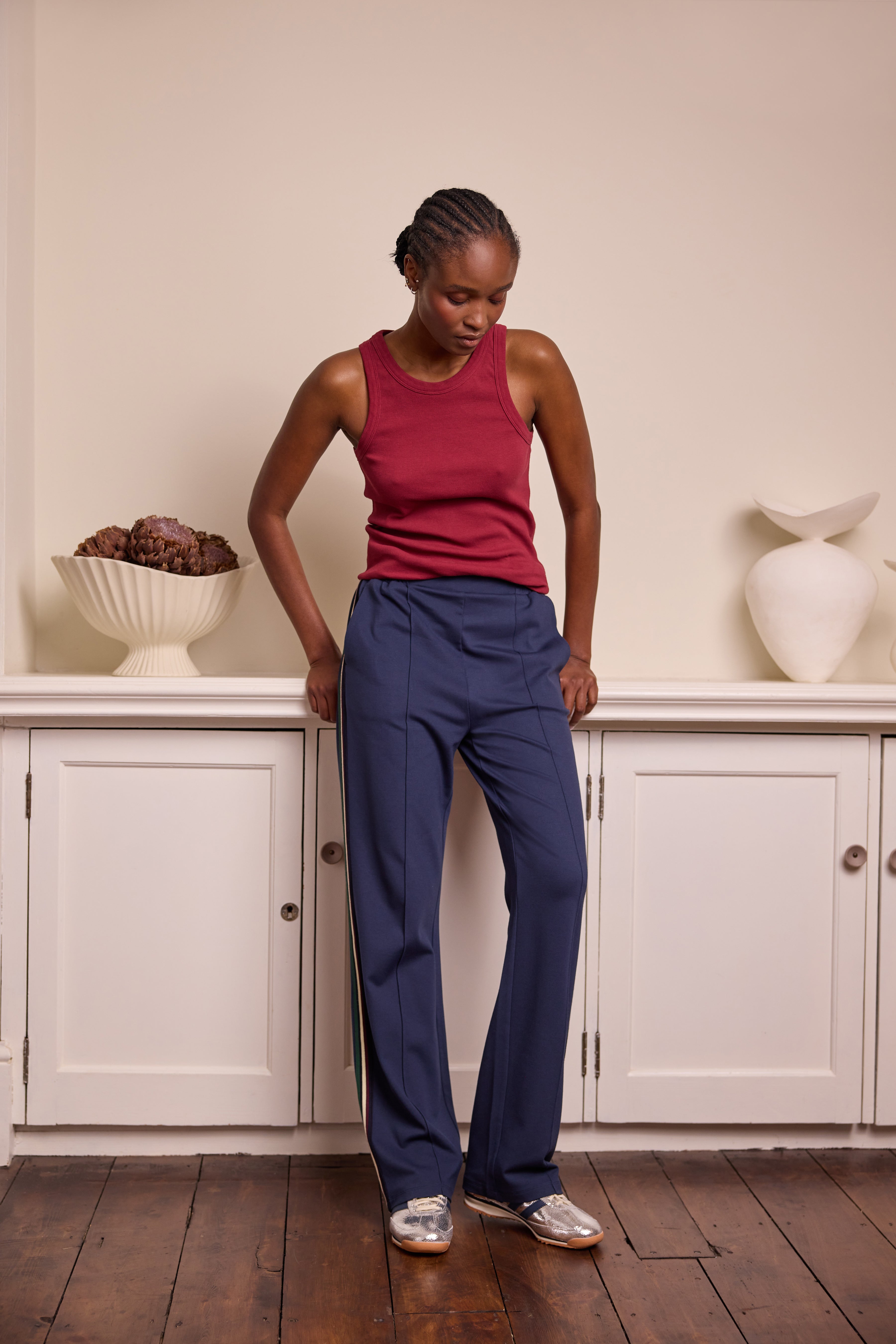 model wearing Trousers with Side Stripe Elevenloves.co.uk