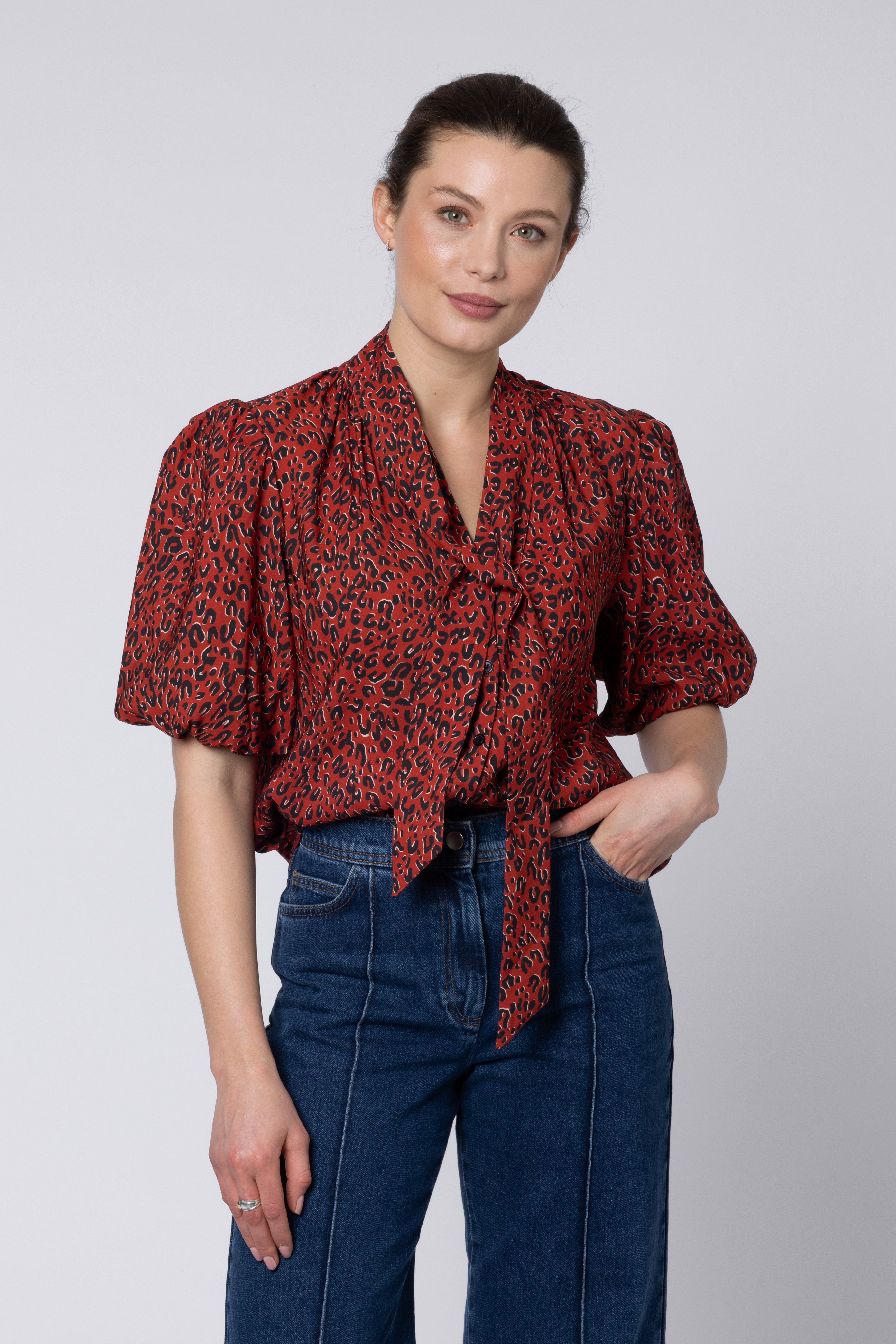 Model Wearing Animal Print Blouse Eleven Loves UK