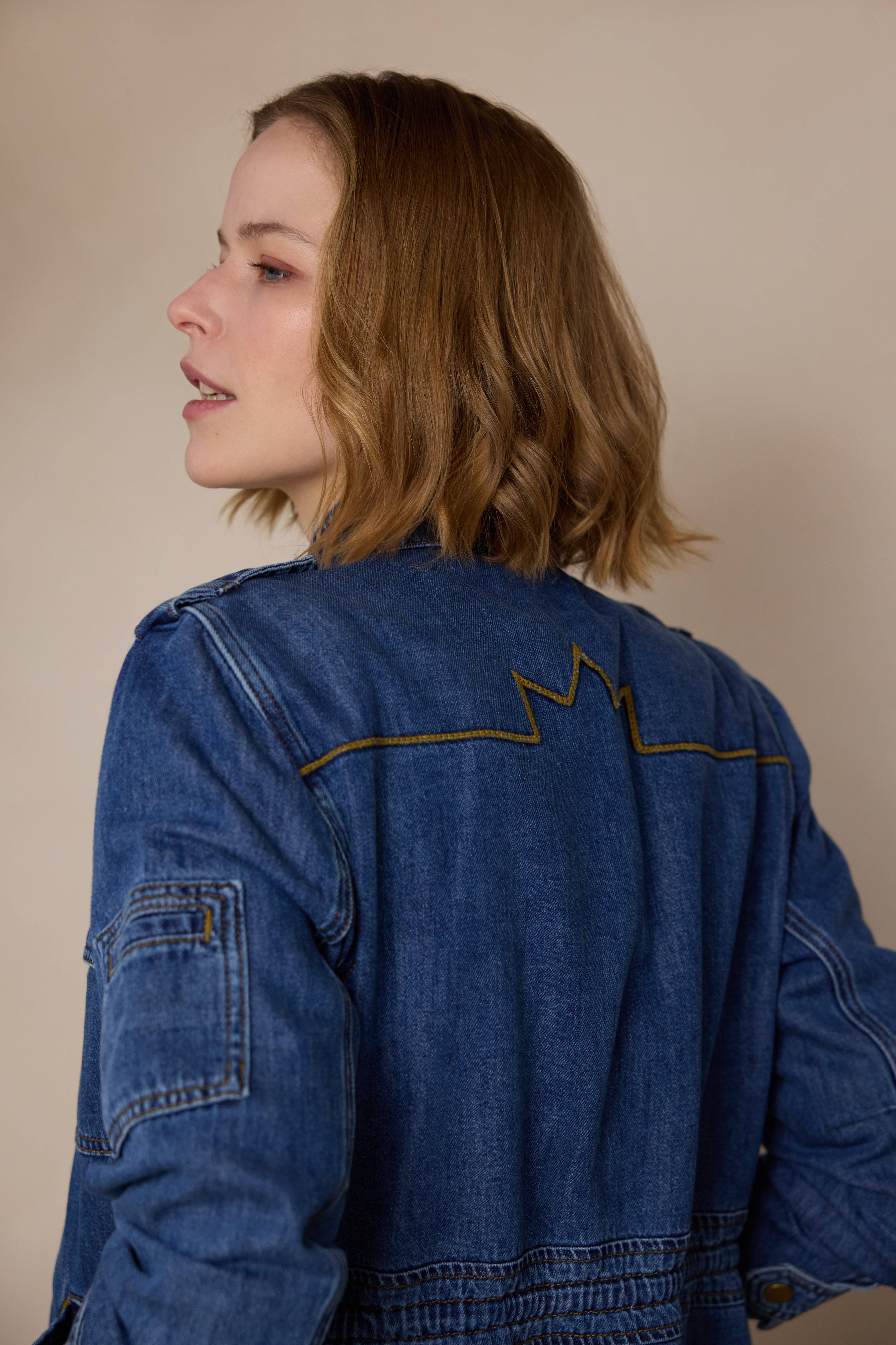 Model wearing Womens Denim Shacket 11 Loves