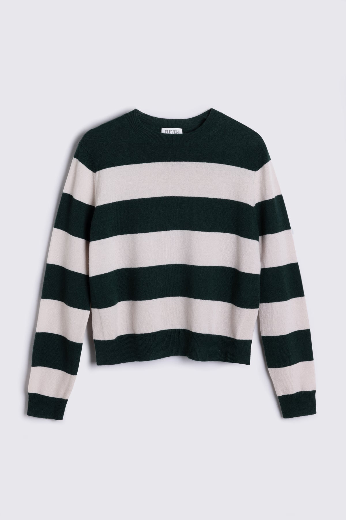 Camille striped jumper in soft stone and bottle green on a plain background