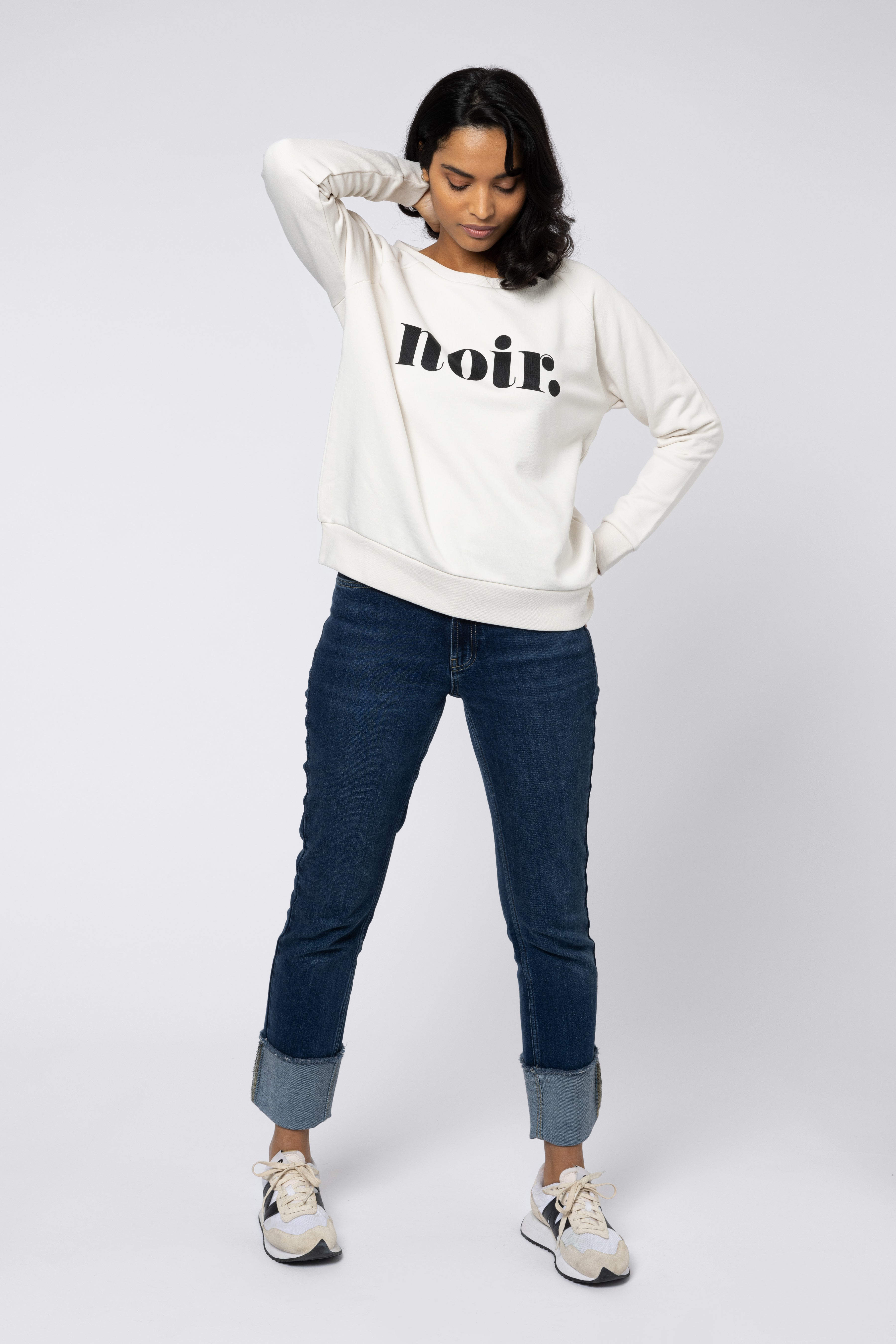 model wearing straight leg jeans and noir sweatshirt eleven loves uk